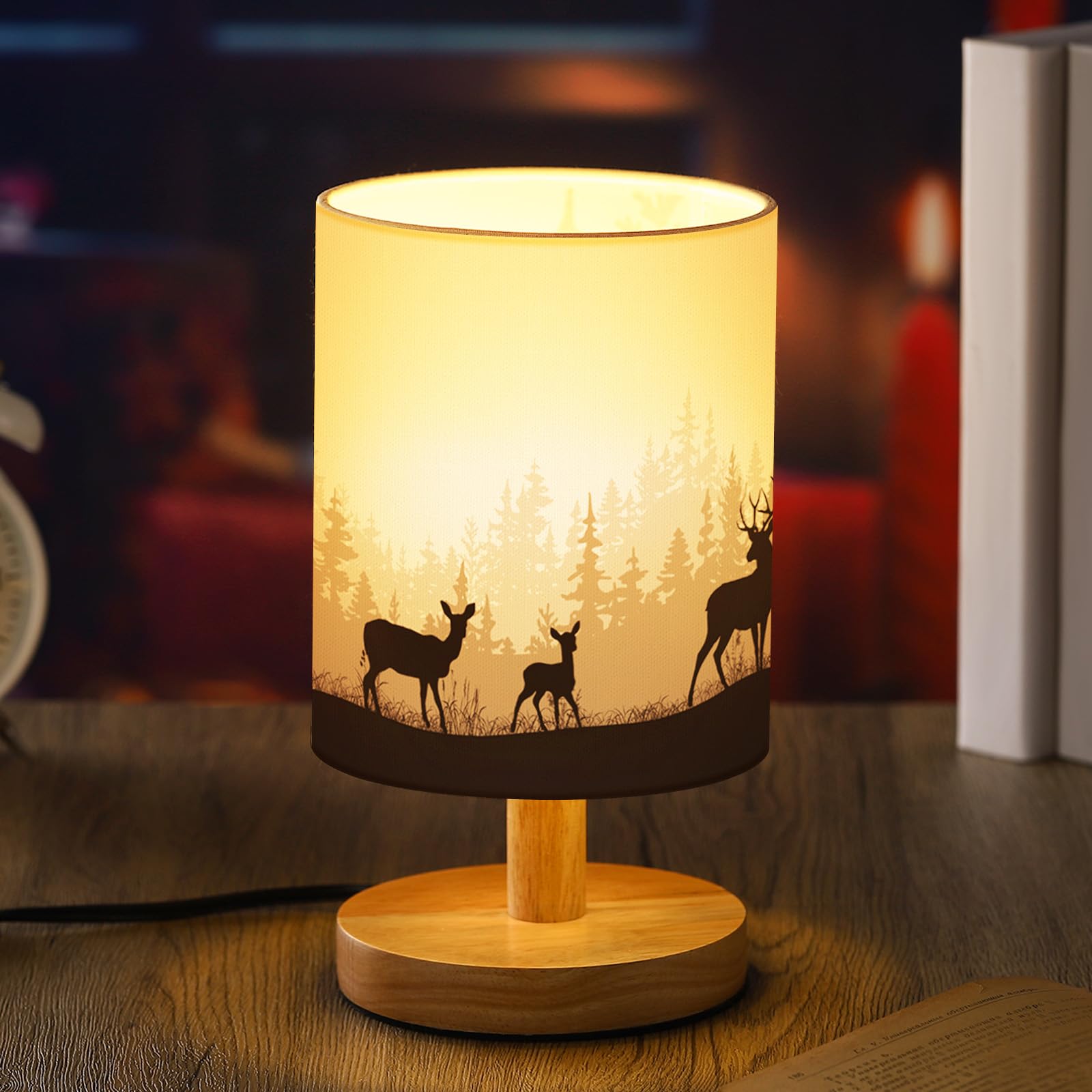 VIHOSE Woodland Deer Bedside Table Lamp Watercolor Winter Forest Tree Animal Deer Nightstand Lamp with Wood Base Fabric Lamp Sha