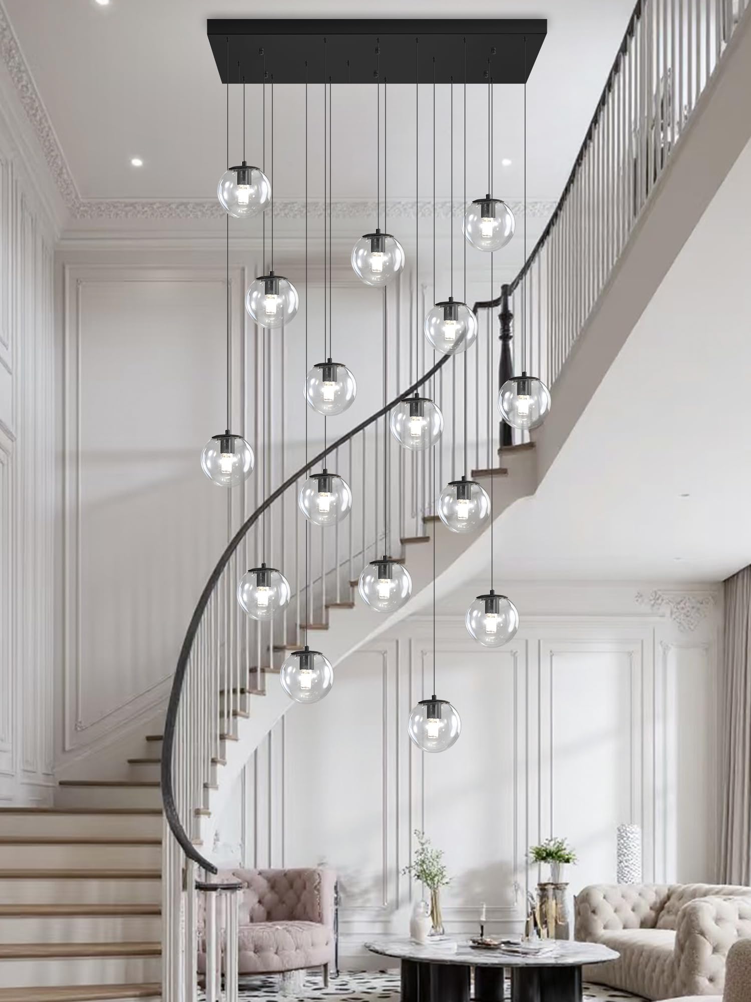 Glass Chandelier Led Modern Black Pendant Light Globe Glass Ceiling Light 16-Lights Glass Ball Chandeliers For Staircase Living