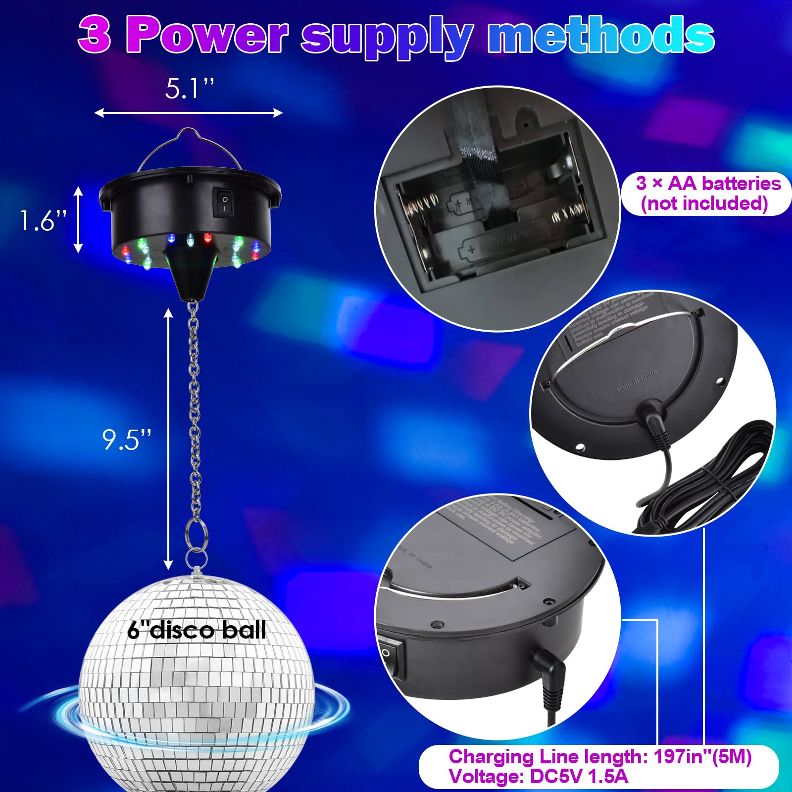 COOMATEC Rotating Disco Ball Light with Motor, 6-12RPM, 4 Colors, 6in Size, Black, Model 2025-MT06