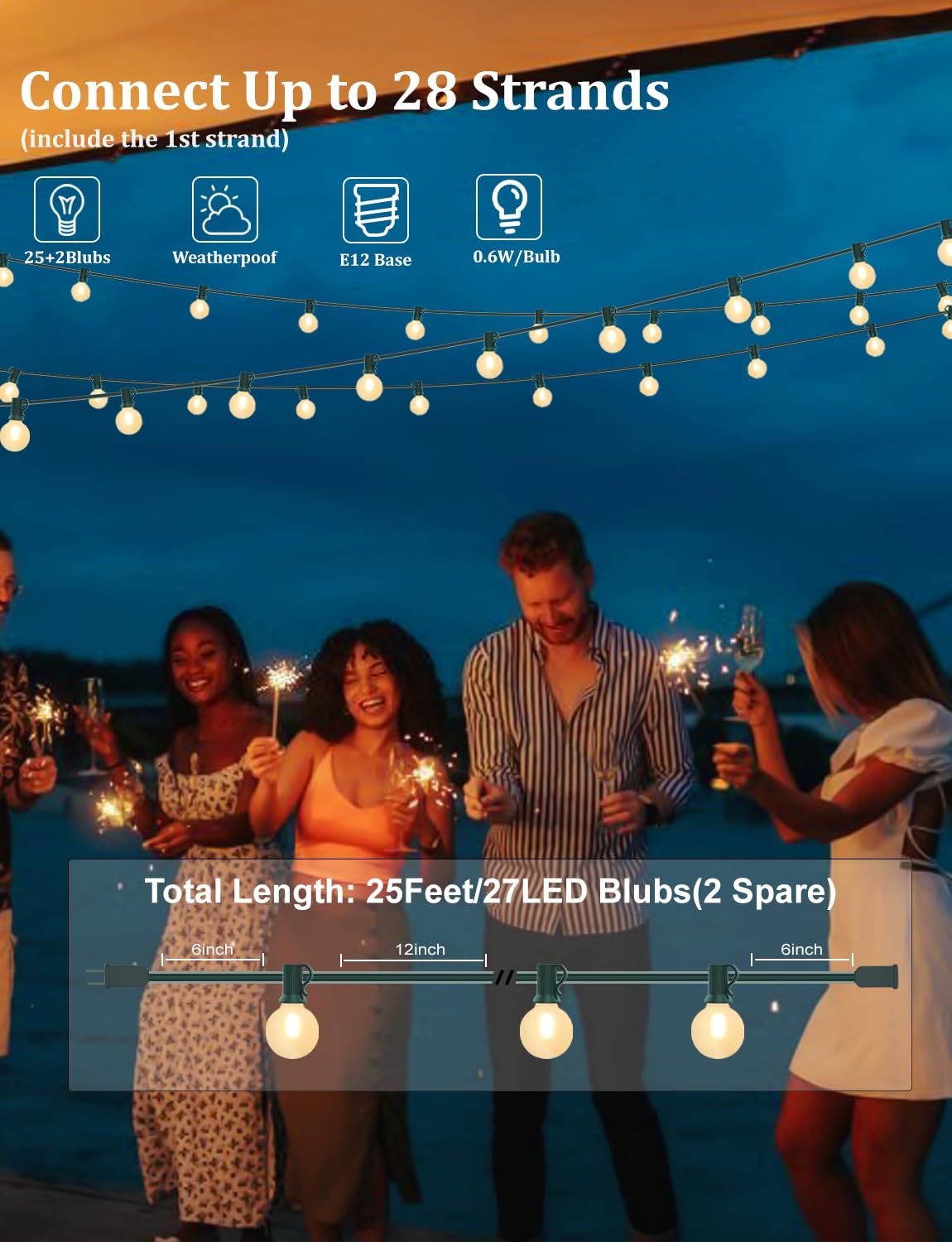 25Ft Globe Christmas Lights Outdoor, G40 Led Round Christmas Lights With 27 Led Frosted White Lights(2 Spare), Outdoor Christmas