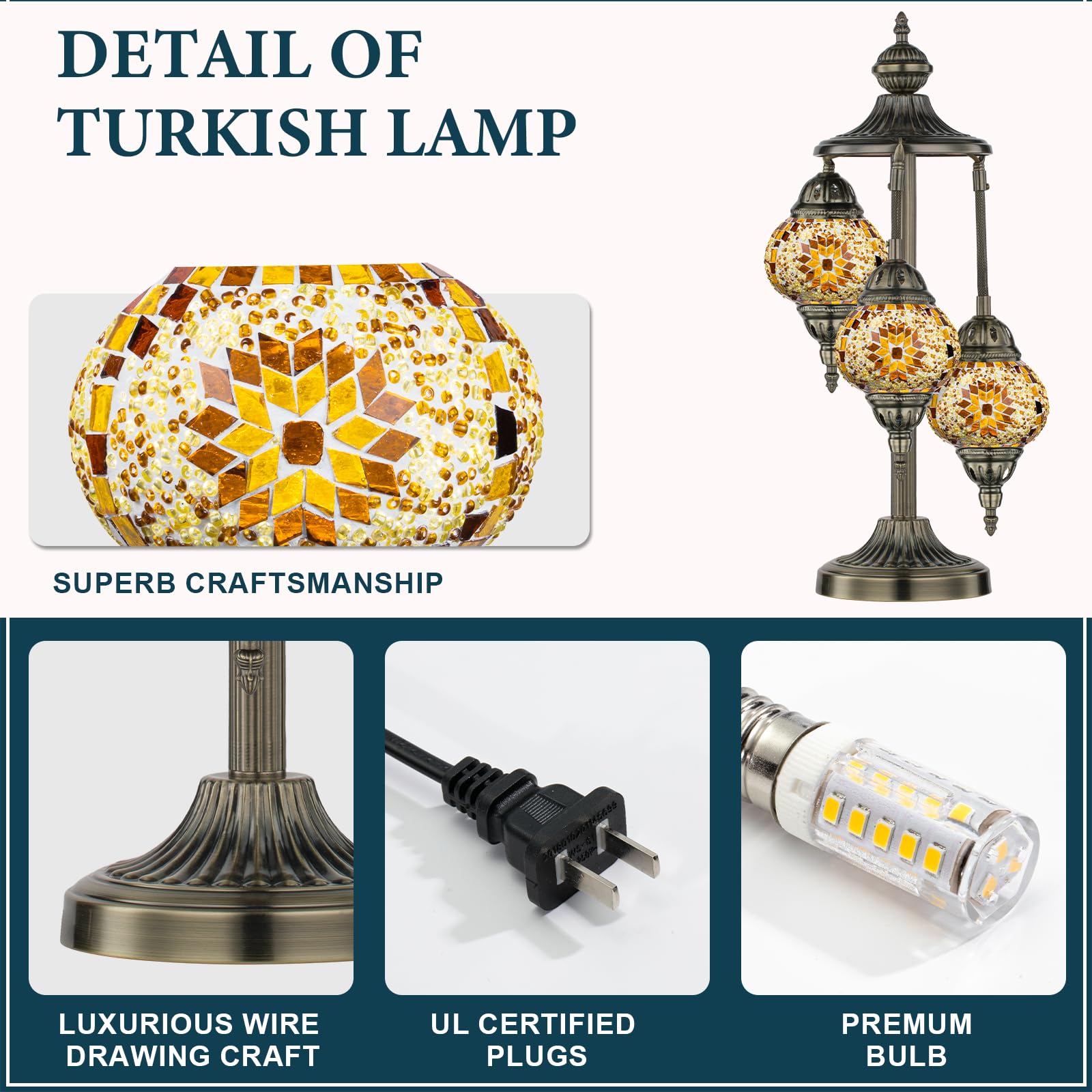 Marrakech Turkish Lamp 3 Globes Moroccan Table Lamp With Bronze Base, 23'' Tall Handmade Yellow Tiffany Mosaic Glass Night Light