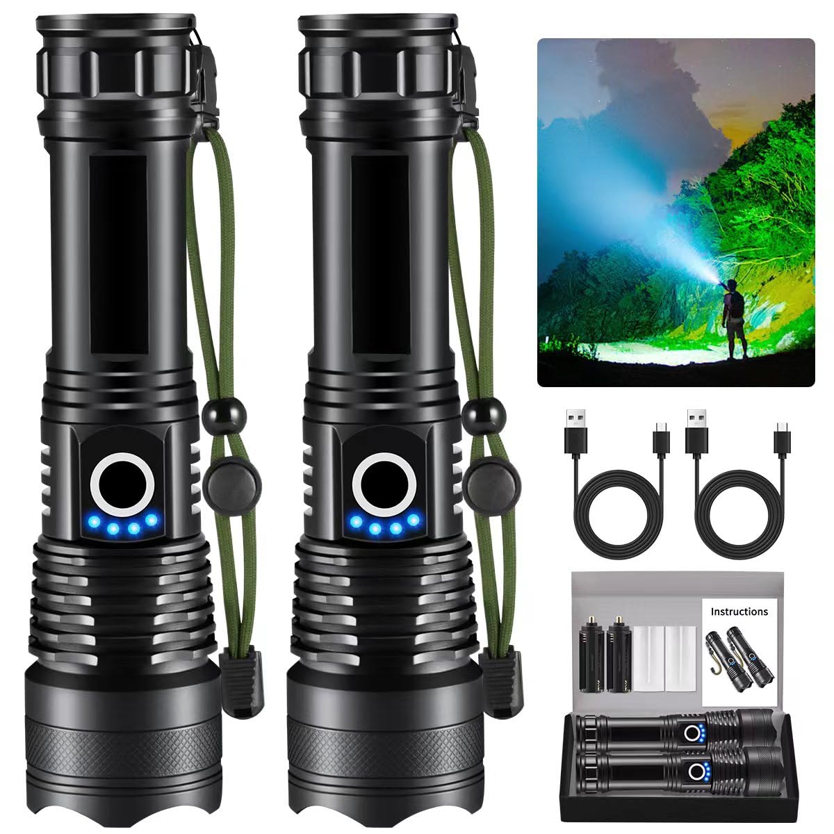 Flashlights High Lumens Rechargeable, 2Pack Rechargeable Flashlights, 990000lm Super Bright Flashlight, 5Mode Tactical Flashligh