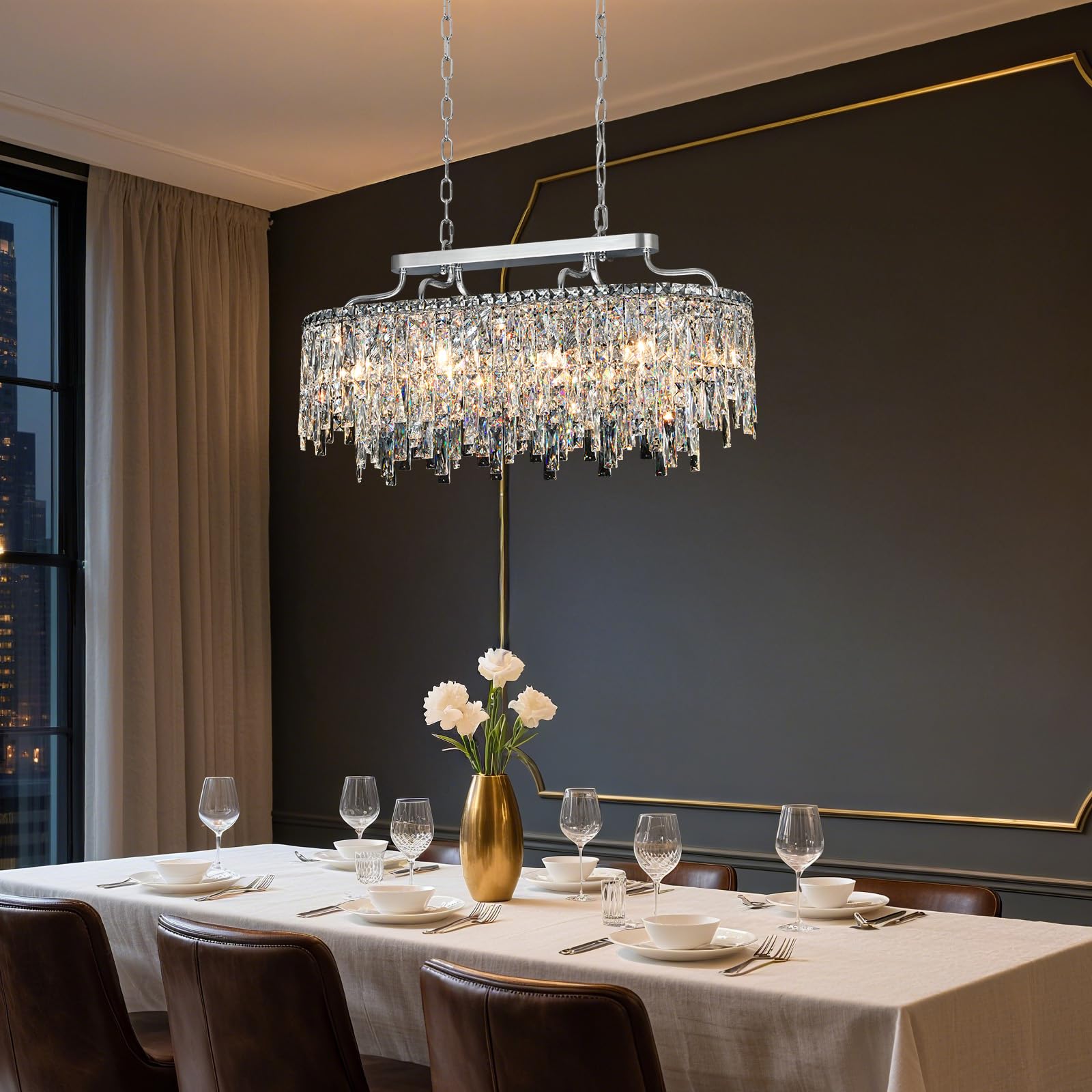 Nisidun 10 Light Crystal Chandelier | Chrome Oval-Shaped Crystal Chandeliers For Dining Room Light Fixture  32 Modern Ceiling Lighting Fixture For Dining Room Kitchen Island Bar