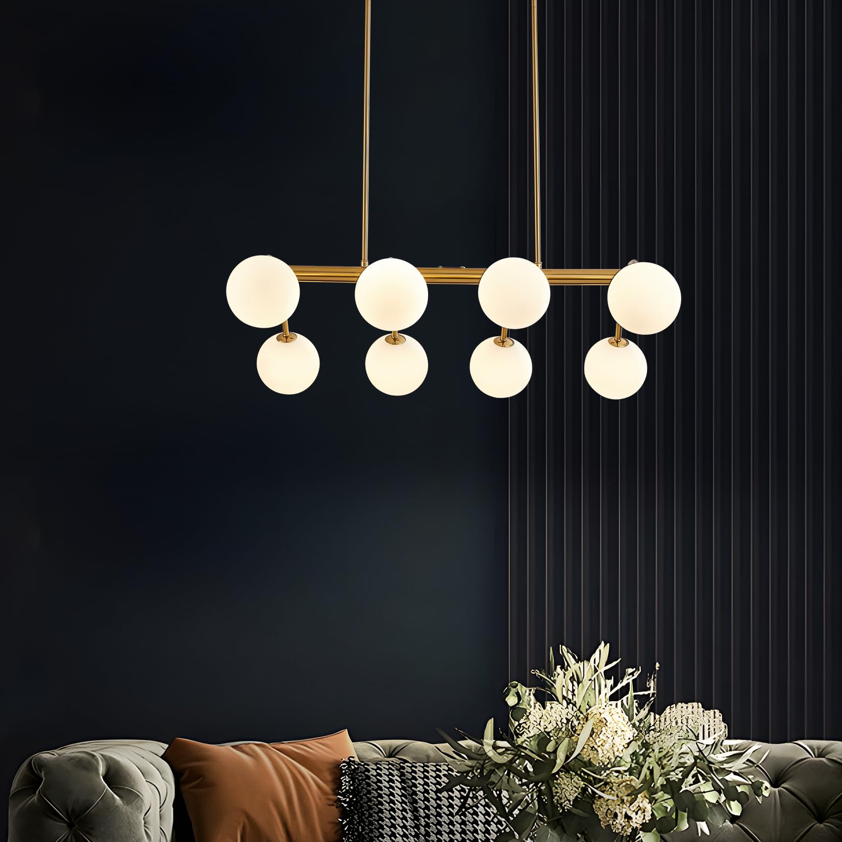 Modern Globe Chandelier, 8 Lights Gold Bubble Chandeliers Century White Glass Globe Pendant Lighting For Kitchen Island,Dining R