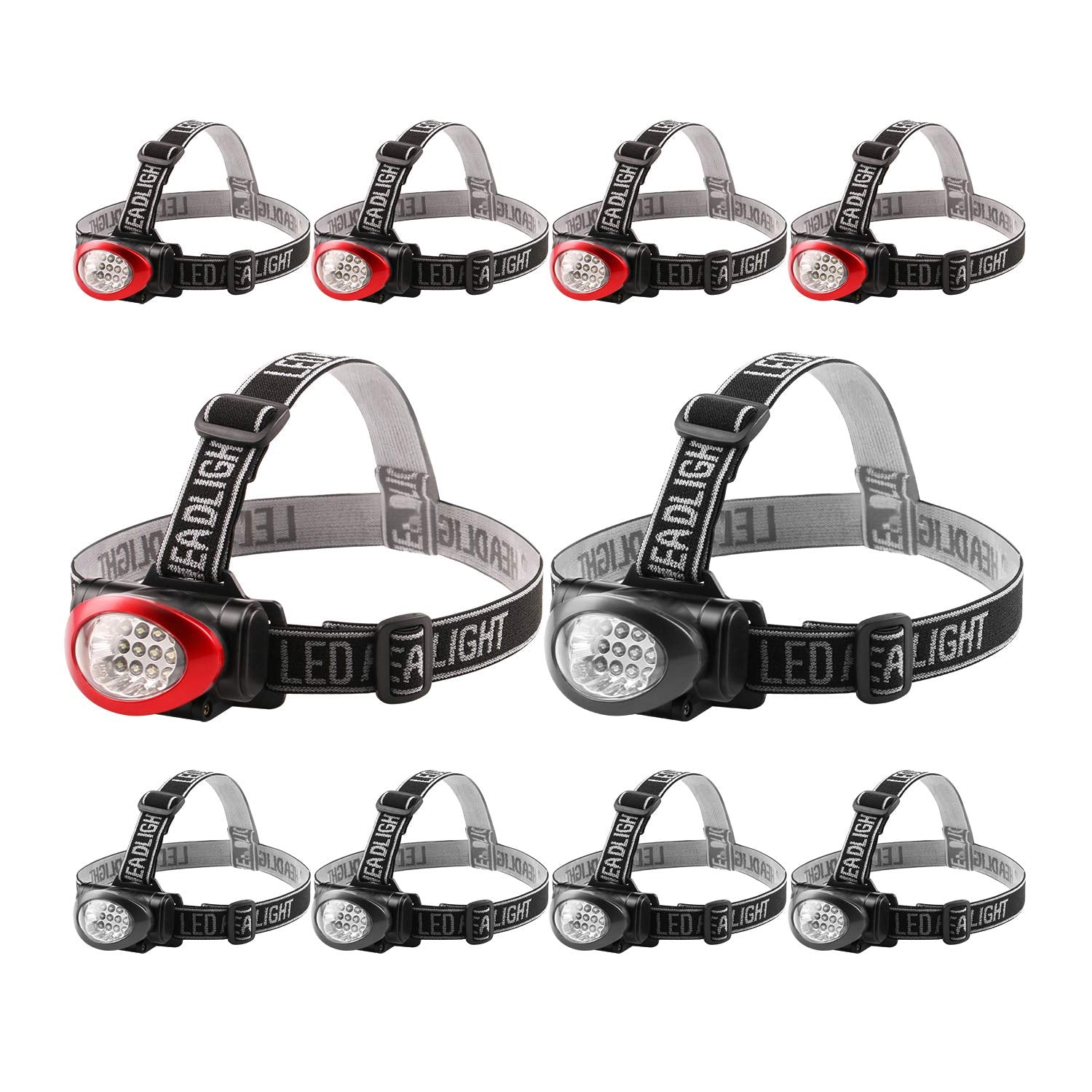 Lichamp Headlamp 10 Pack 12 LED 3 Mode Portable Flashlight Large Polycarbonate Black + Red Color Model 43510-16666