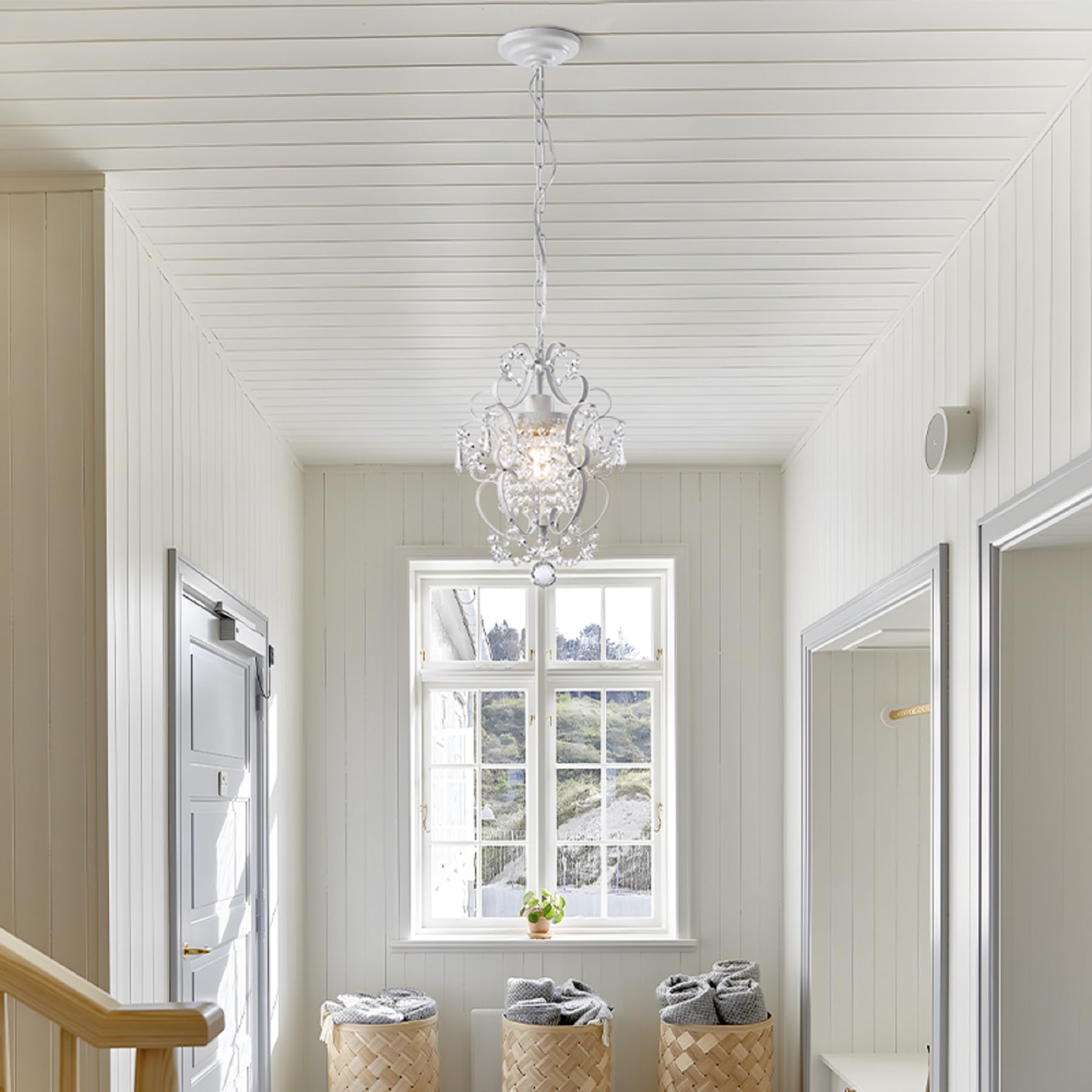 riomasee Mini Chandelier, 1-Light 11" White Crystal Iron Ceiling Light, Hard-wired Fixture for Hallway, Foyer, Dining Room, Model RM2024-19