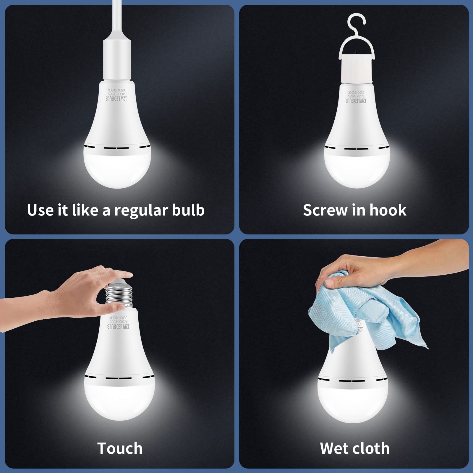 TFOI Rechargeable LED Light Bulbs 12W 800LM Daylight White 4 Pack - Battery Operated for Home Power Outages, Camping, and Reading