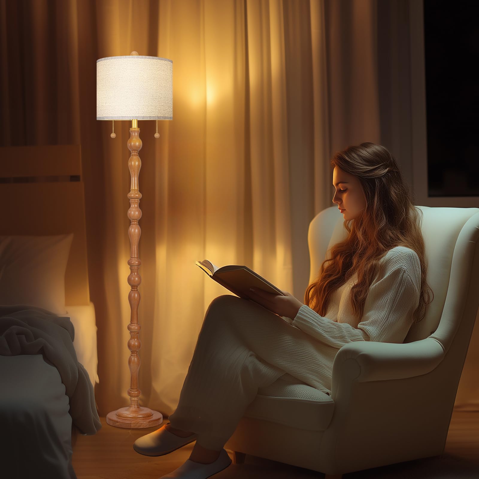 65.5'' Natural Real Wood Floor Lamp With S Cluster Pull Chains Dual Switch,Wood Base Tall Lamp,Farmhouse Standing Lamp For Livin