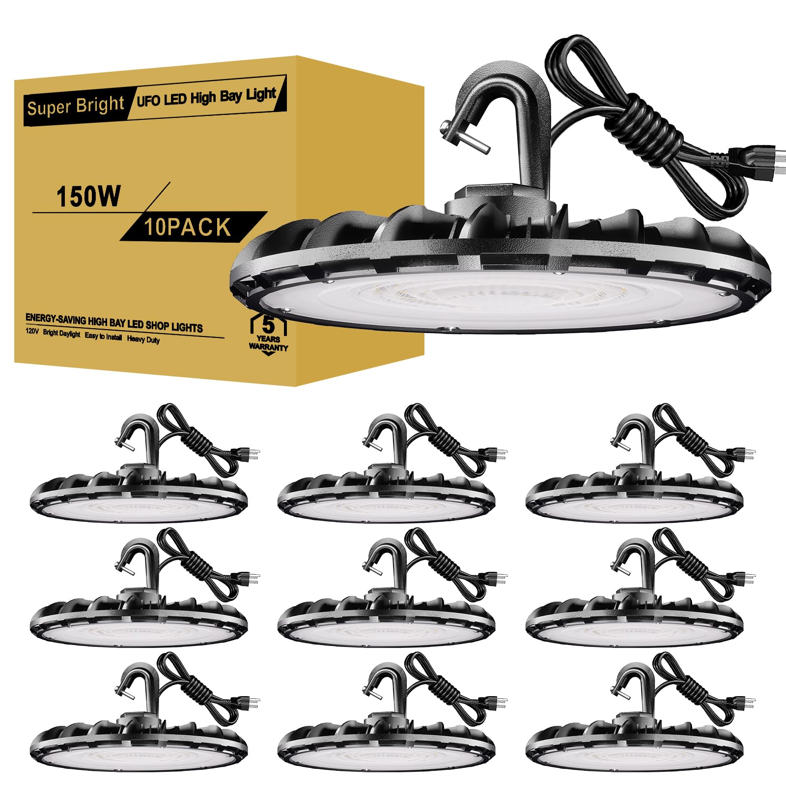 JC-LGL 150W UFO LED High Bay Light - 10 Pack, 5000K, Waterproof, UL Listed, Black, Aluminum for Warehouse and Shop