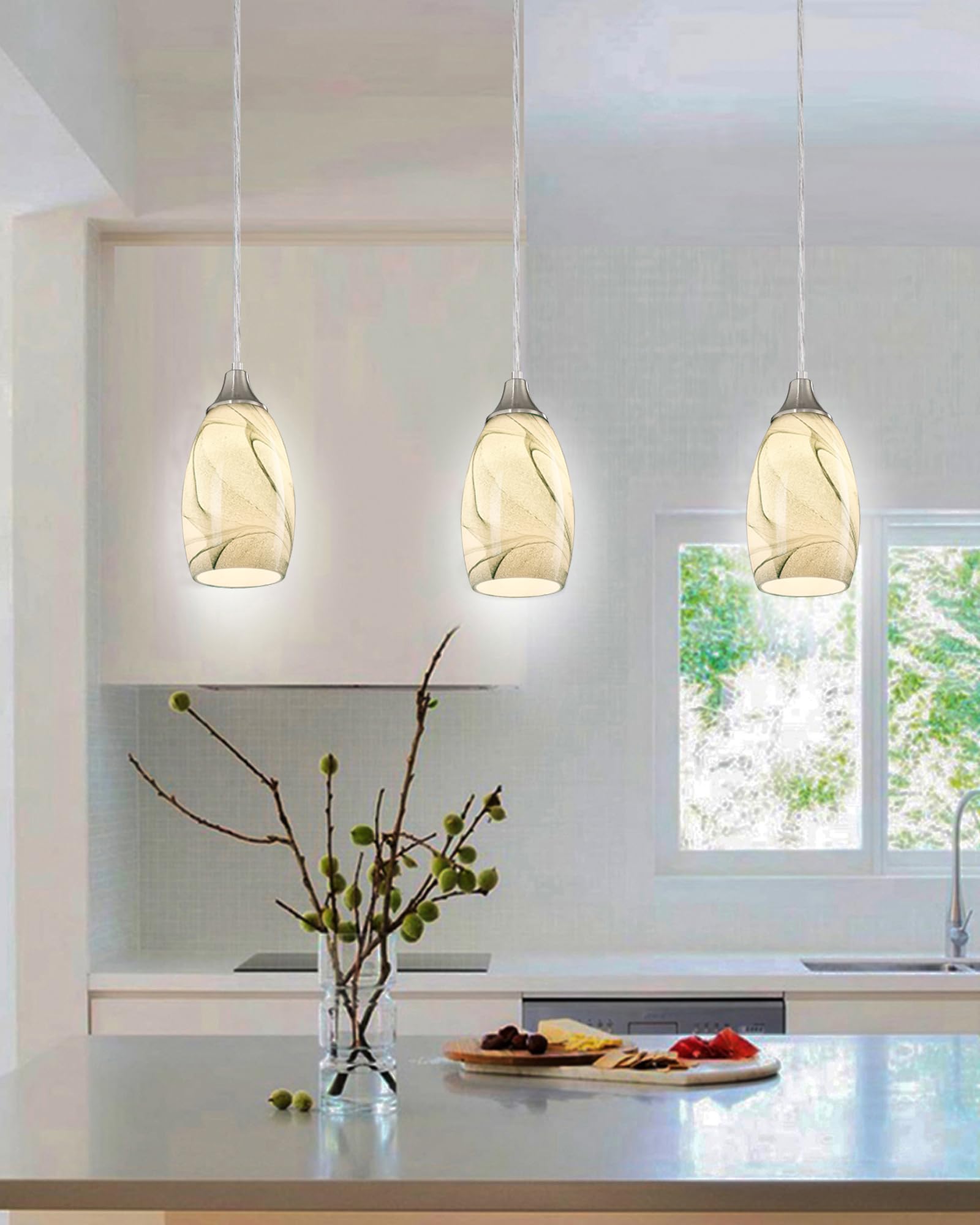 karyfine Mini Pendant Light Hand Blown Glass Shade Brush Nickel Finish Green Marble 1039AP
