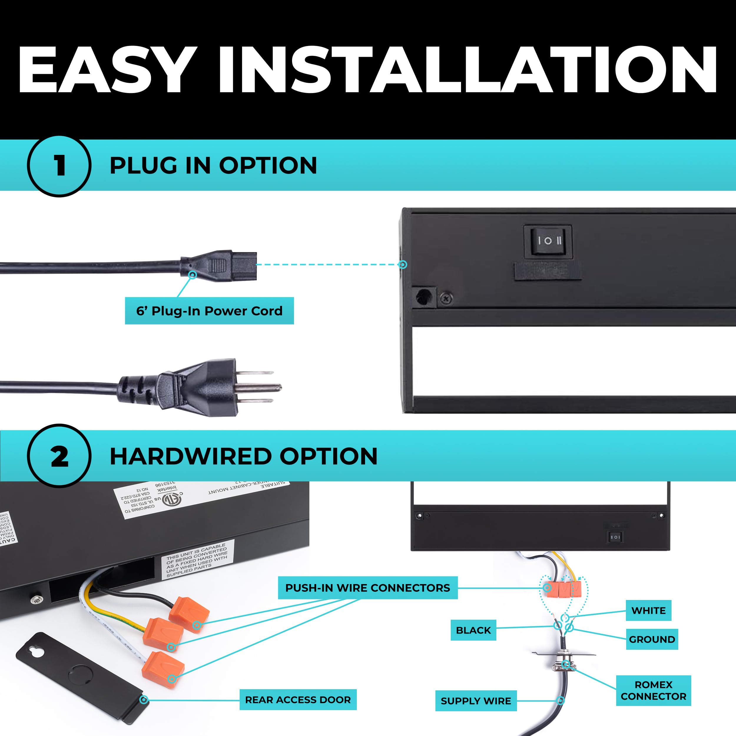Led Under Cabinet Lighting Hardwired - 3Cct 40 Inch Black Finish - Undercabinet Lights For Kitchen - Linkable Undercounter Dimmable Plug In Light Or Hard Wired - Under Counter Fixture Direct Wire
