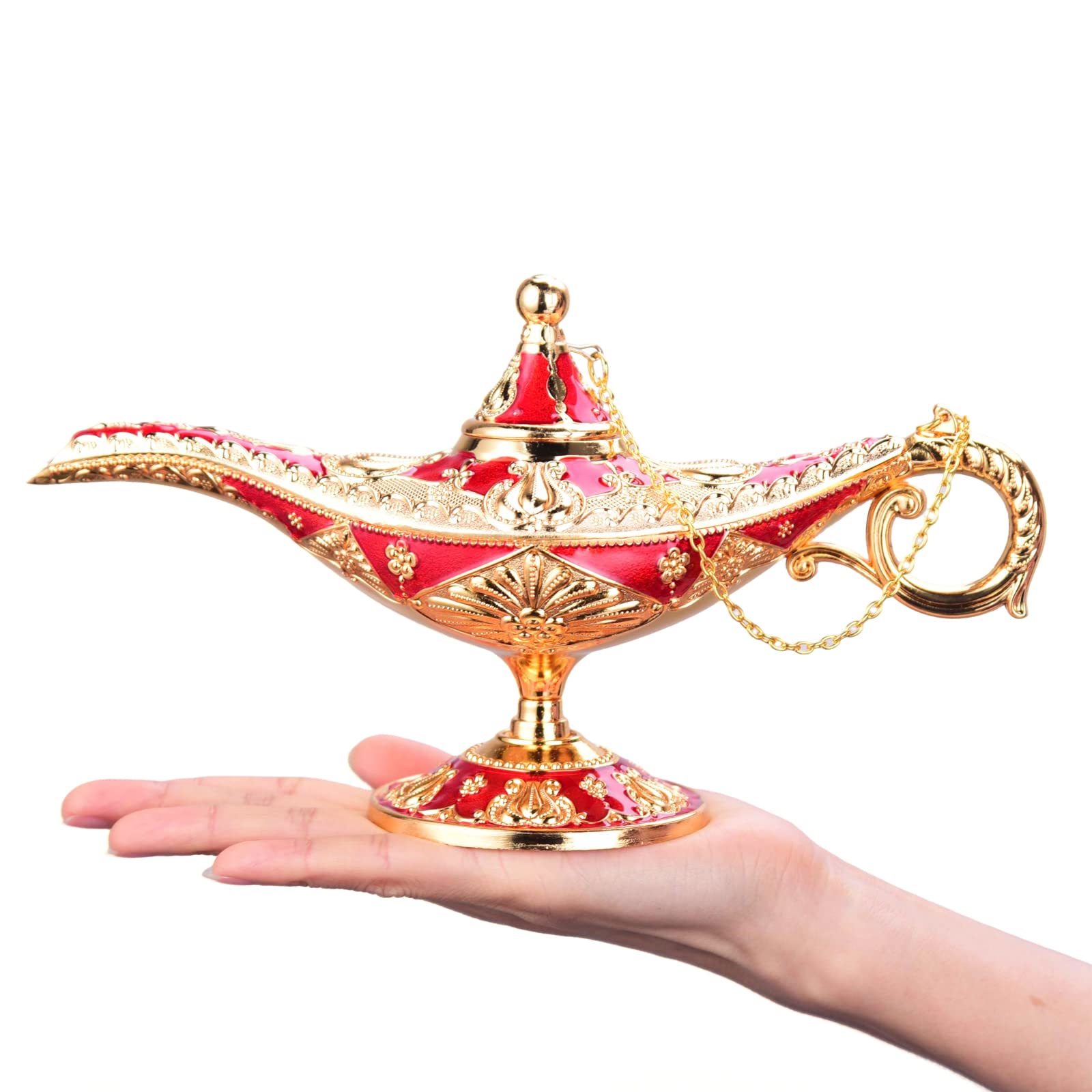 Lauyoo Vintage Aladdin Magic Genie Lamp Costume Accessory Gift For Women Classic Arabian Props Aladdin Pot Decor (Red Gold)