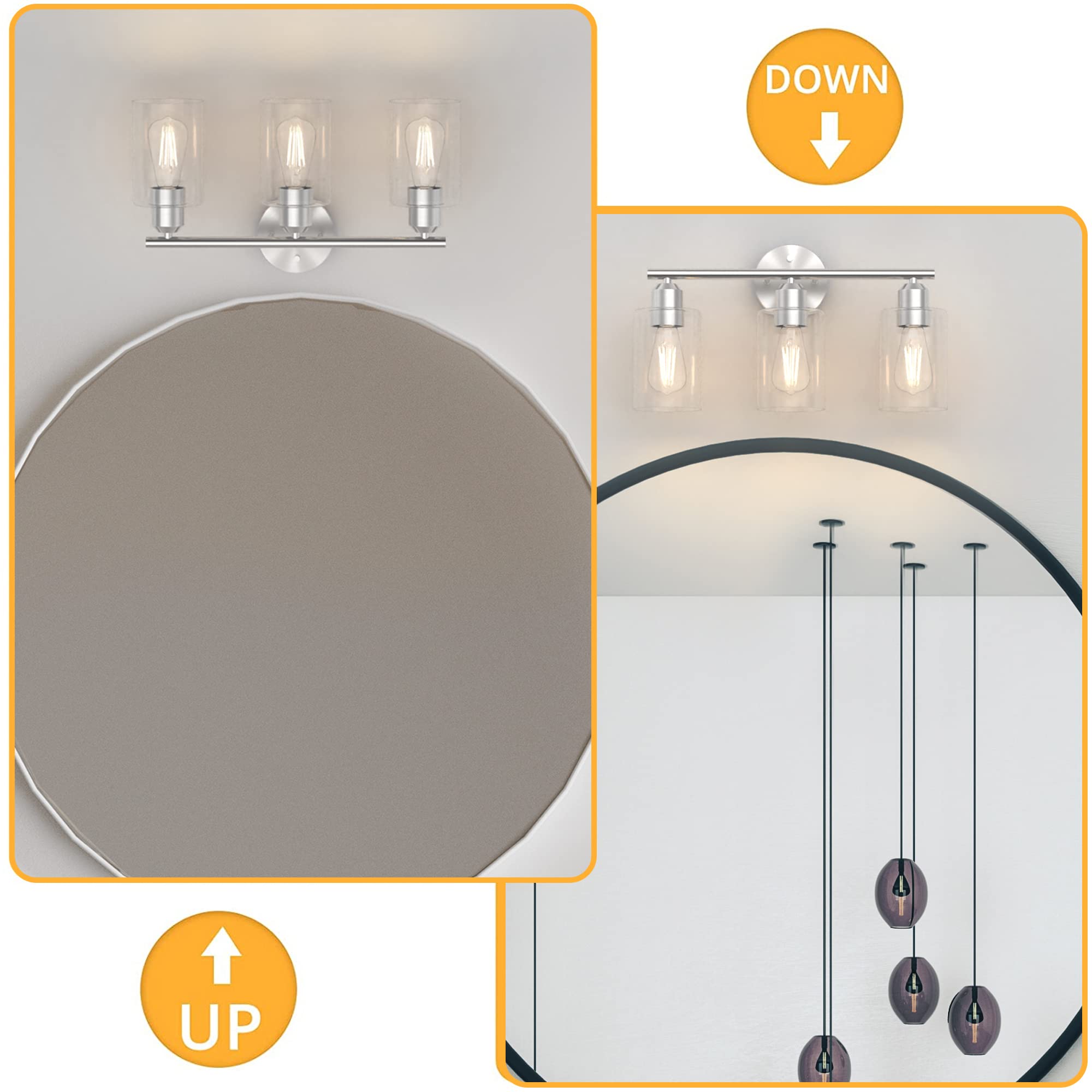 Espird 3 Light Bathroom Vanity Light Fixture, Modern Nickel Wall Lighting With Glass Shade, Ul Listed