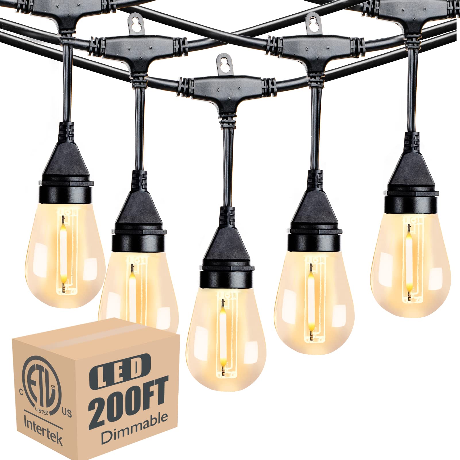 Lightdot Outdoor Dimmable LED Light String, 200ft (2x100ft), Warm White, Heavy-Duty, 60+4 Shatterproof Bulbs, ETL Listed