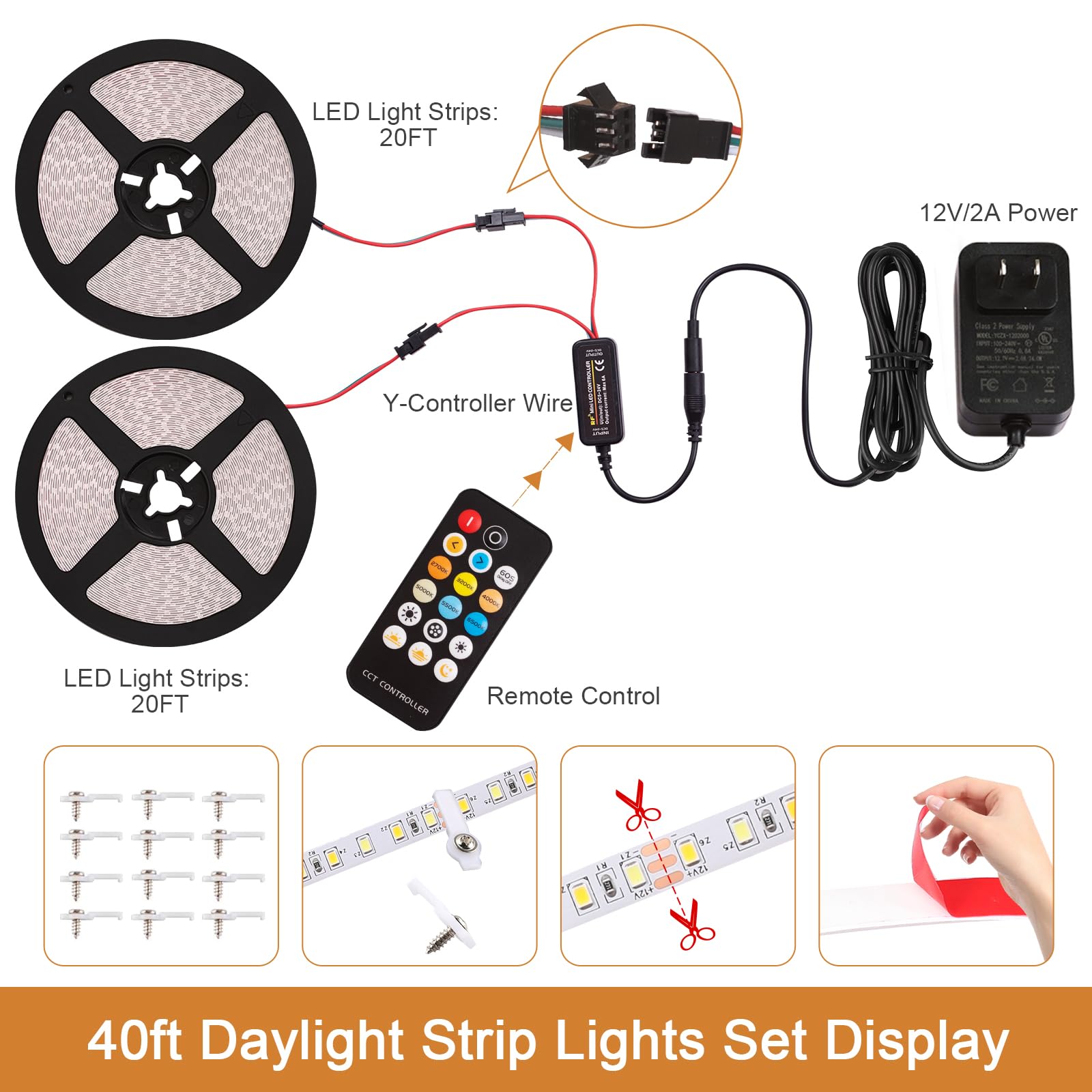 Qenlai 40Ft Led Strip Lights, 2700K-6500K Tunable White Led Light Strip With Remote And Plug, 12V 1440 Leds Dimmable Cuttable Le