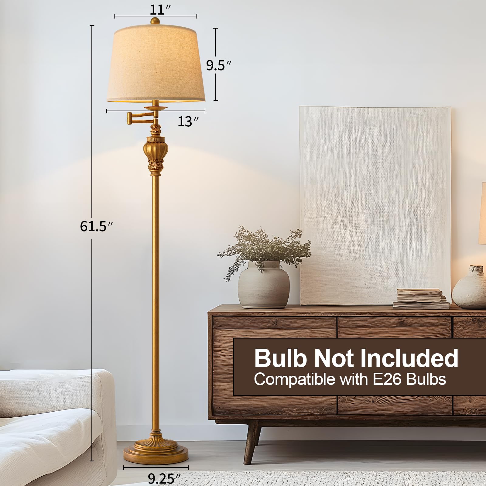 G-SAFAVA 61" Vintage Floor Lamp, Antique Gold, Adjustable Swing Arm, Retro Farmhouse Style, Model AMZ-F1217AG-XW