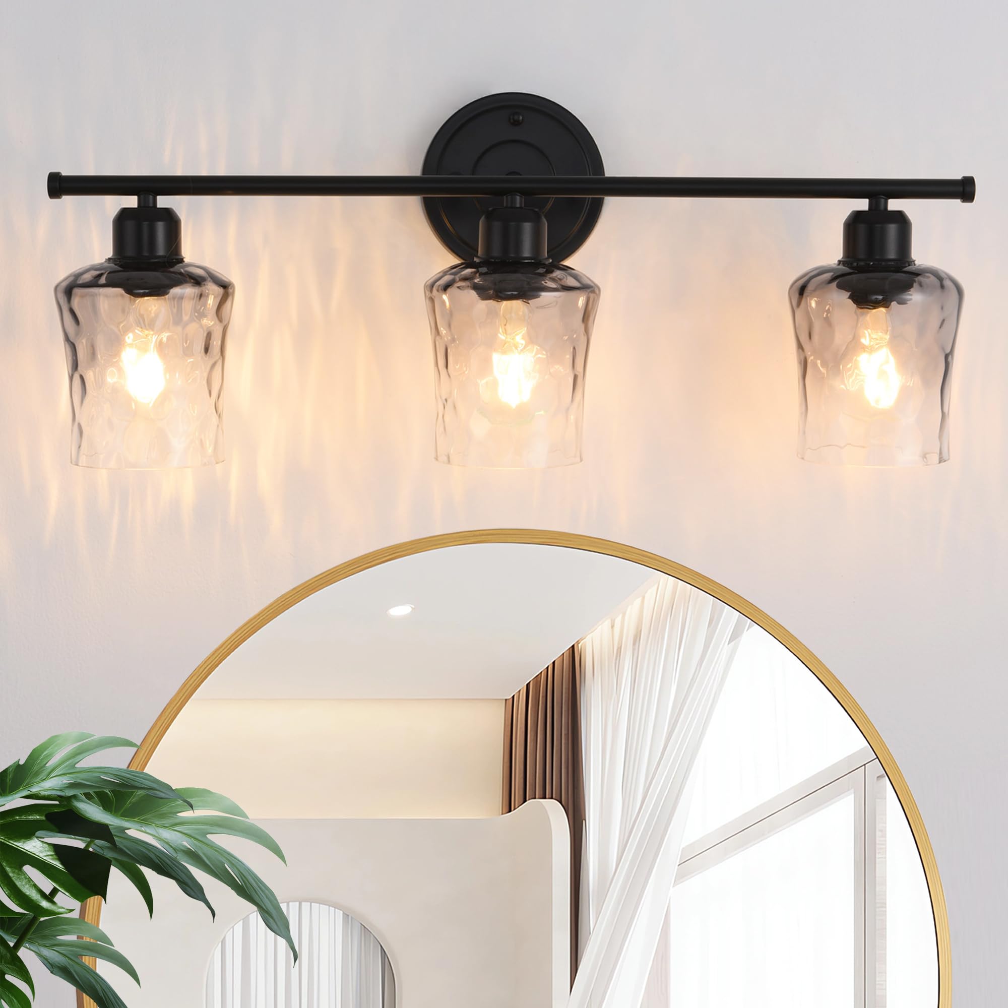 Modxian 3-Light Bathroom Light Fixtures, Matte Black Vanity Light with Grey Glass Shade, Modern E26 Bathroom Wall Light for Over