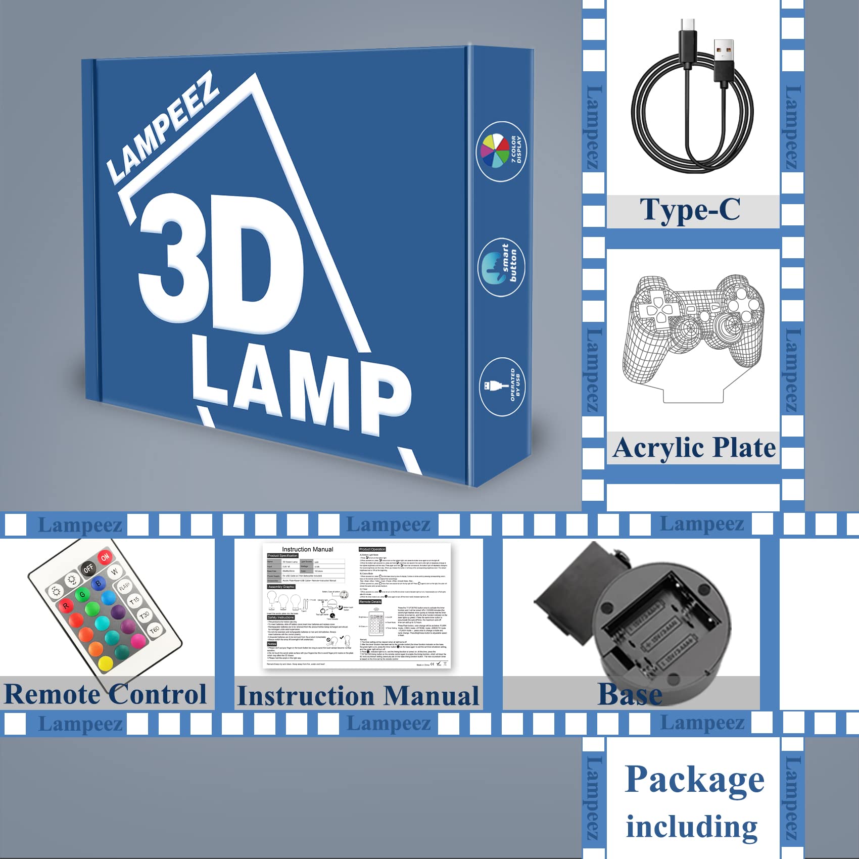 CooPark 3D Gamepad Lamp Night Light, 16 Colors, Remote Control, Acrylic, Multicolored, Model FS-2810-9999