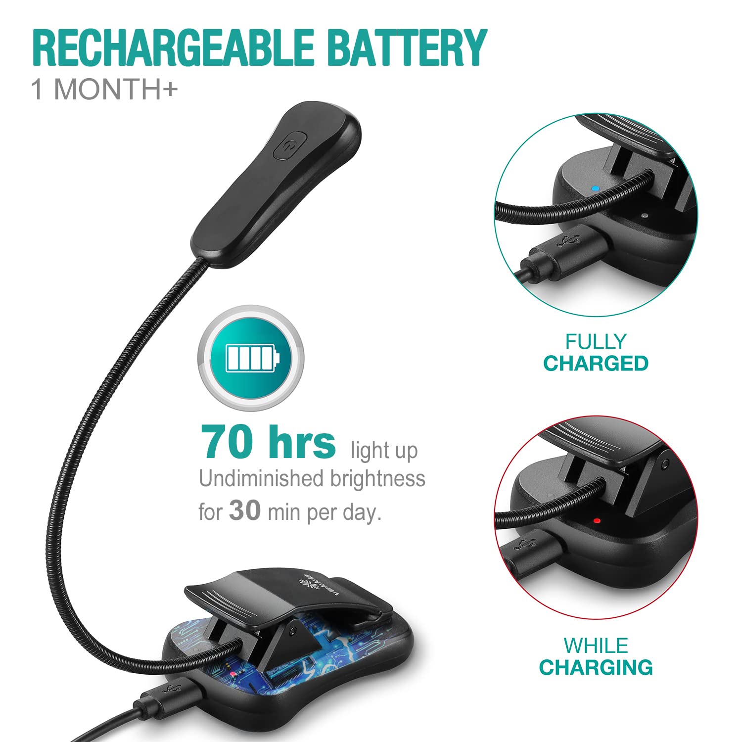 Vekkia Rechargeable Book Light, 3 Color Temperatures, 3 Brightness Levels, Up to 70 Hours, Model BK-03-BL, Black