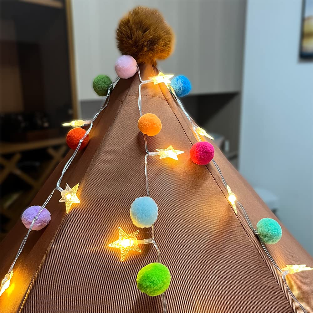 Indoor String Lights 6.56 Feet Pom Poms Star Lights 20 Led Battery Operated String Fairy Lights Warm White Star Lights Colorful Decor Lights For Home Bedroom Kids Playhouse Holiday Christmas