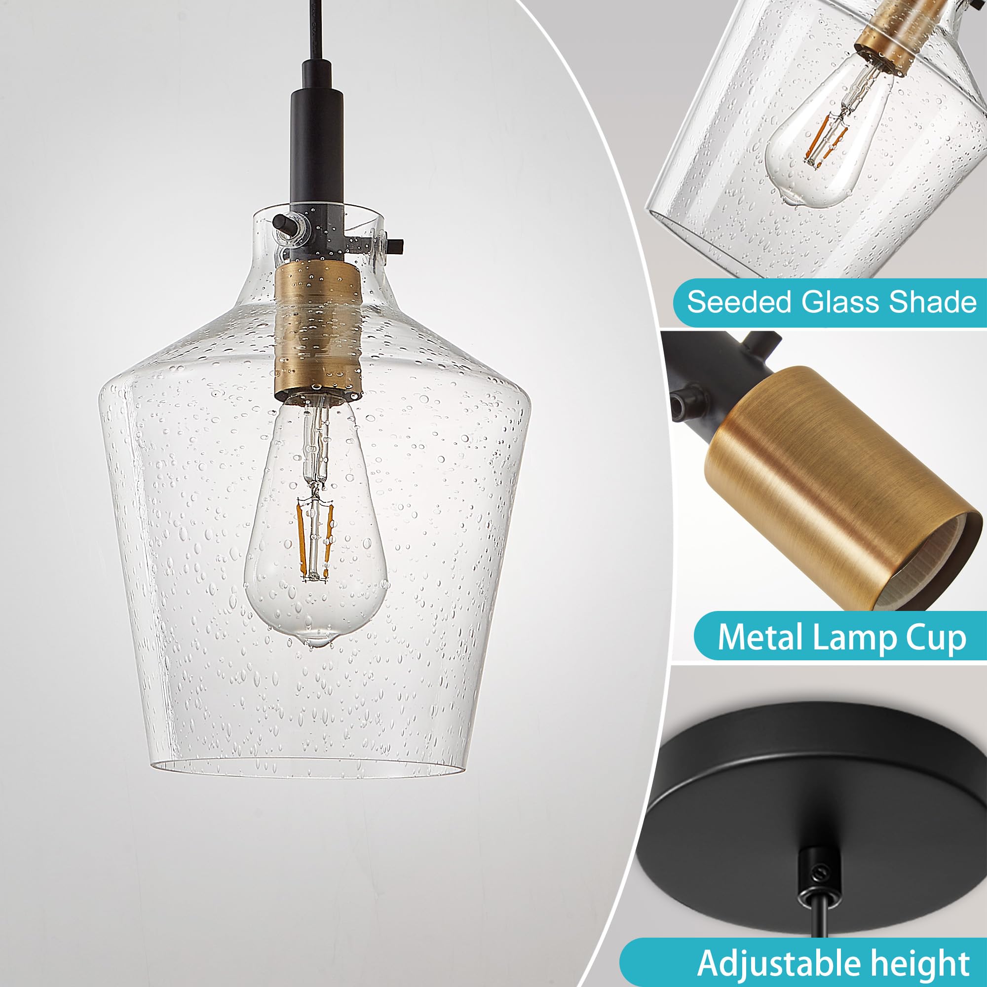Vaziden Modern Seeded Glass Pendant Light, Adjustable 8" Black Gold Fixture, Farmhouse Style, Model 1508, 1 Pack