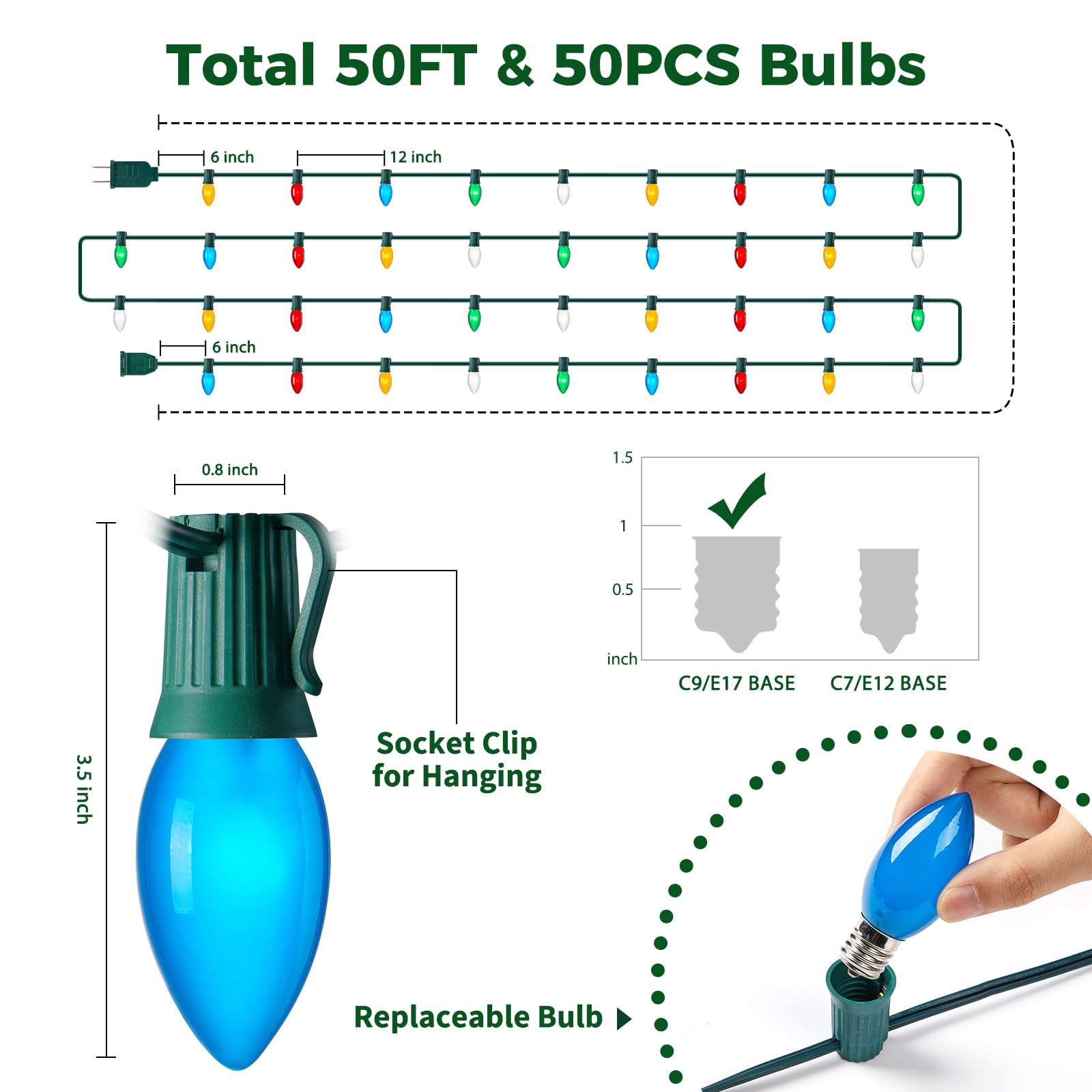 Multicolor C9 Christmas Lights Ceramic, C9 50ft Vintage Incandescent String Lights with Opaque Bulbs for Christmas Tree Patio Ro