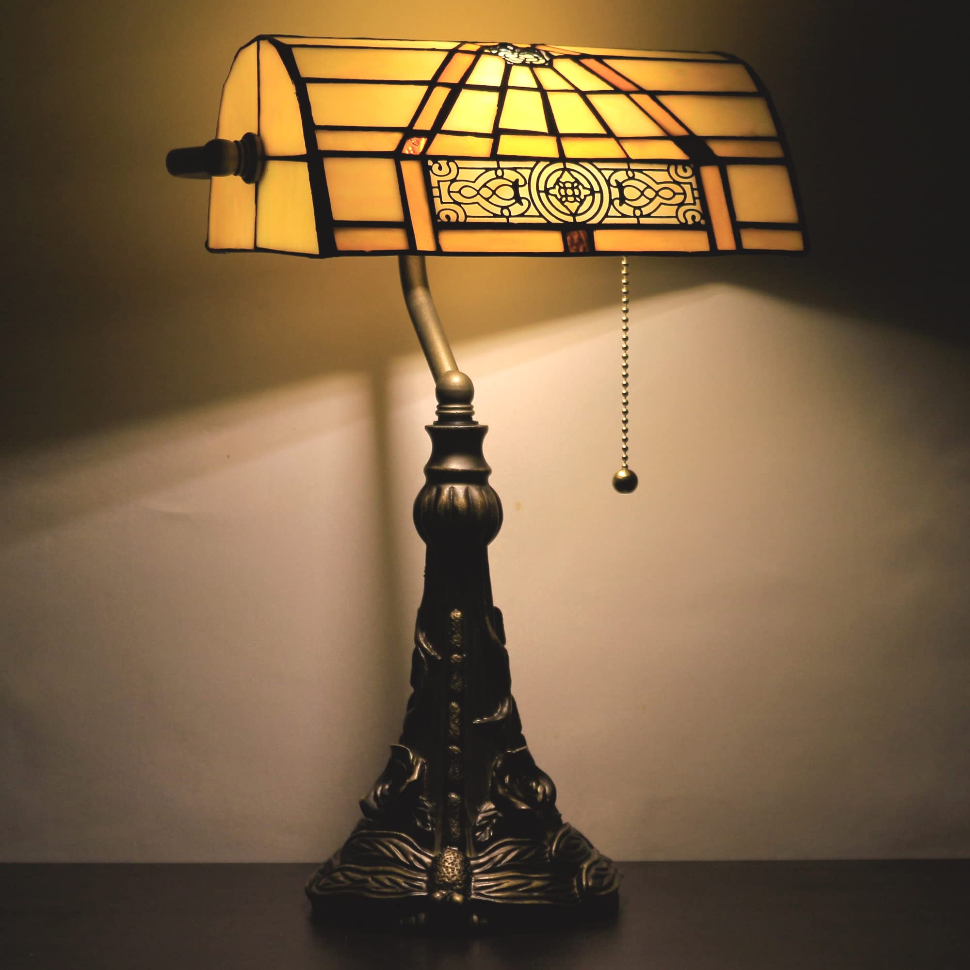SYETL Tiffany Banker Lamp Small Stained Glass Table Lamp Tiffany Style Piano Light Yellow Mission Style Desk Lamp Angle Adjustable 10.6X15.7 Inch for Home Office Living Room Bedroom