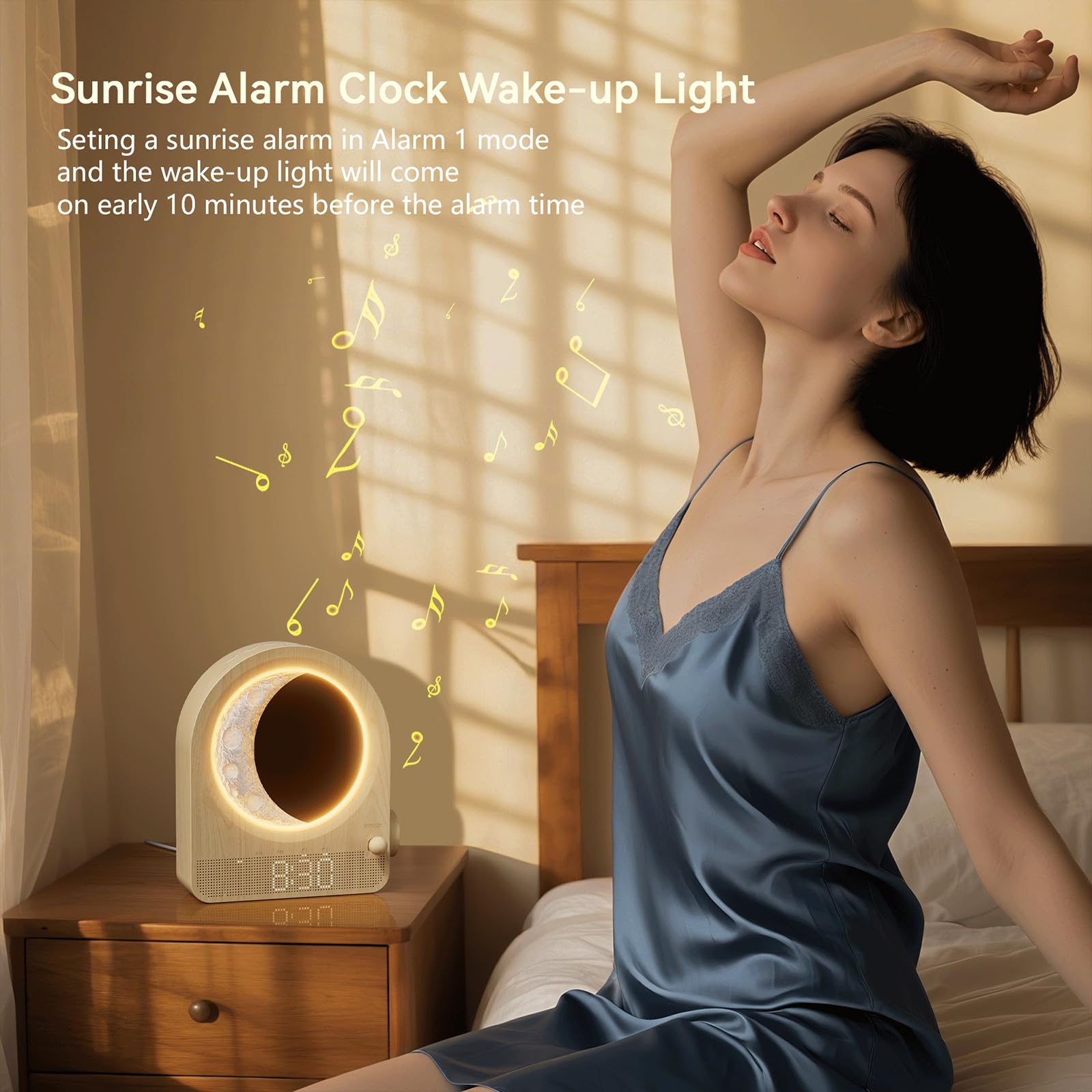 blonbar Sunrise Alarm Clock with Dimmable Moon Lamp, Dual Alarm, 12 Levels Volume, Natural Sounds, Woodgrain, Model AJ350A