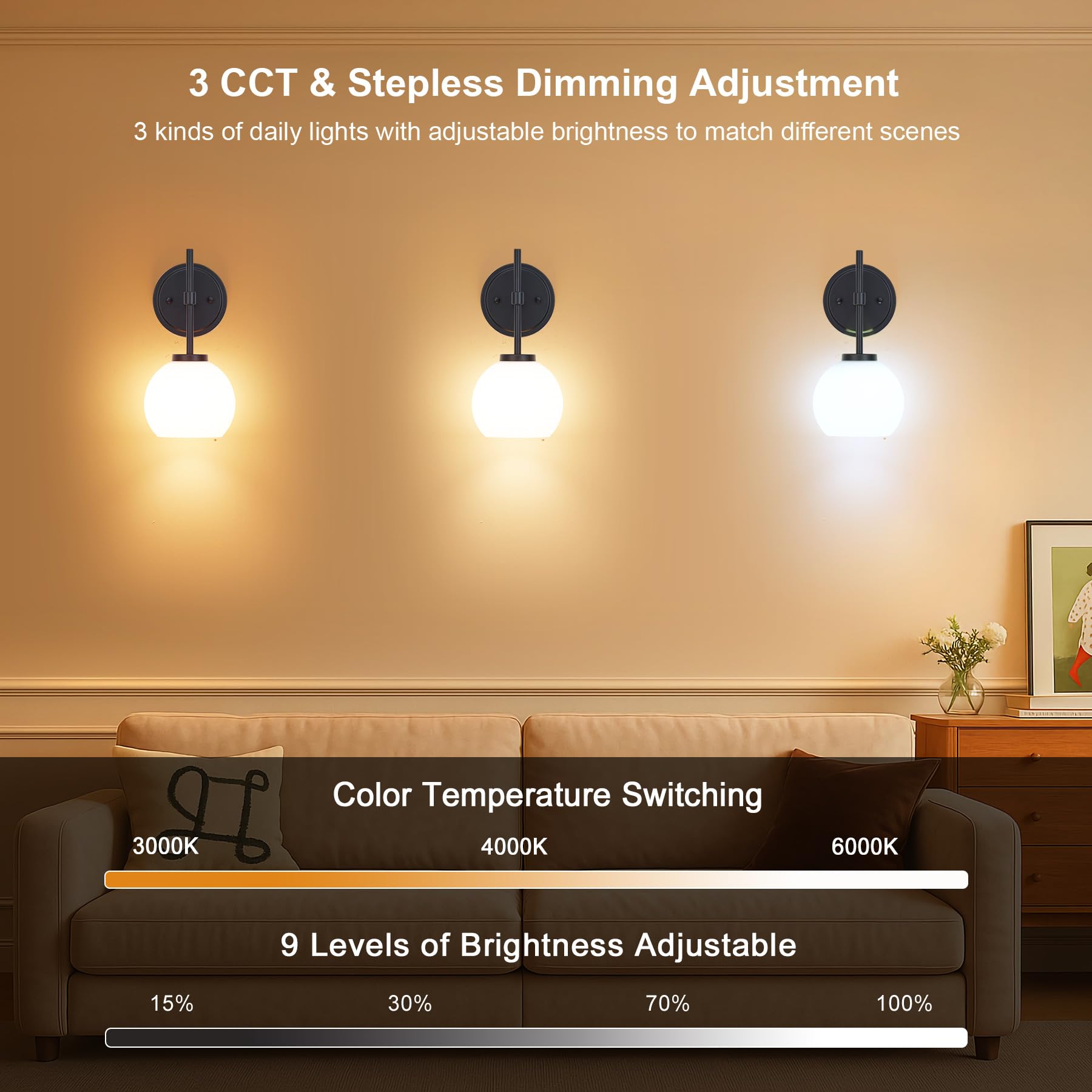 SANTOSTOCK Black Wireless Rechargeable Wall Sconces - LED Dimmable, Remote Control, Opal Glass Shade, Battery Operated, Set of 2