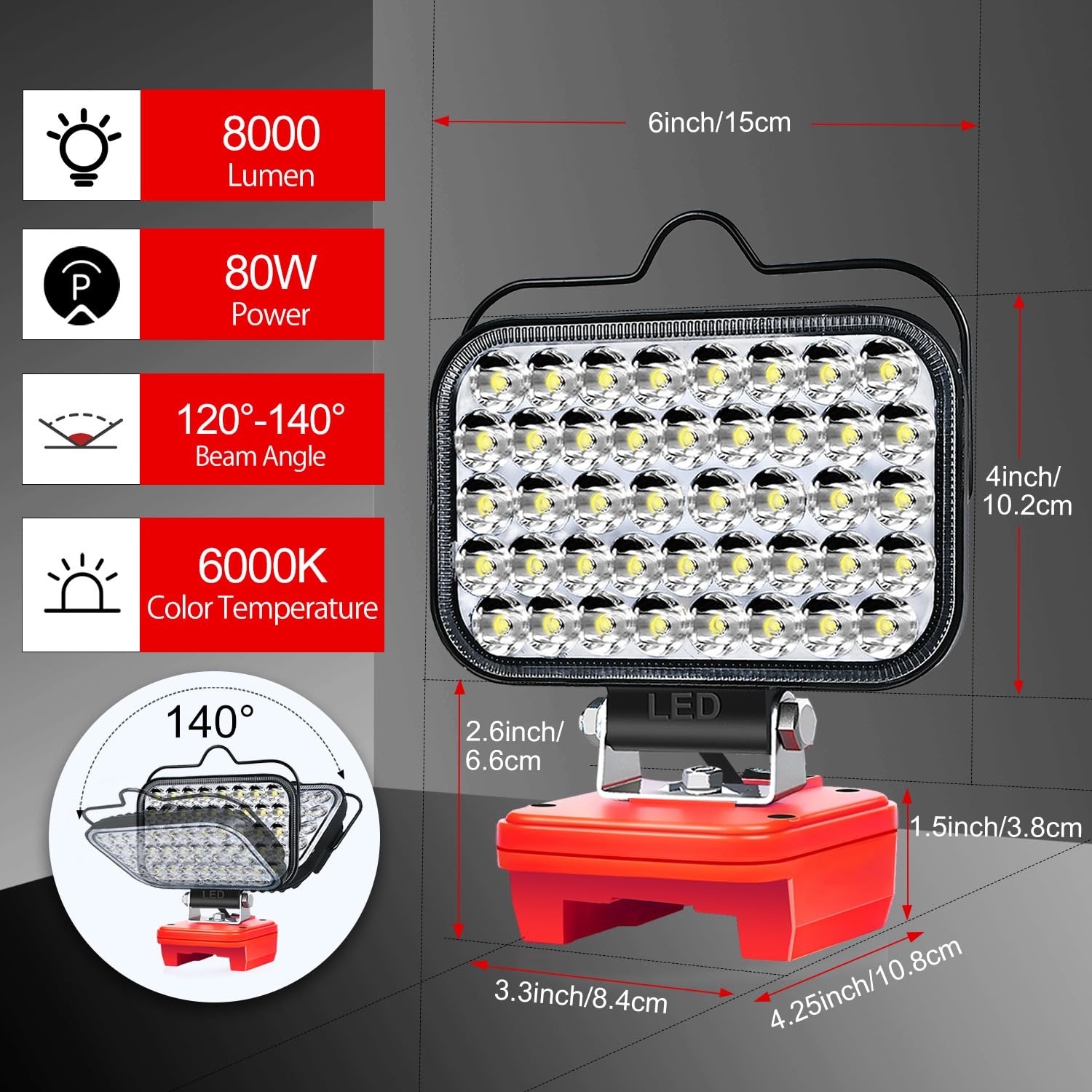 Edtran Cordless LED Work Light - 80W Portable Flood Light for Milwaukee 18v Battery, Red, Model 45687DG, USB & Type C Charger Ports