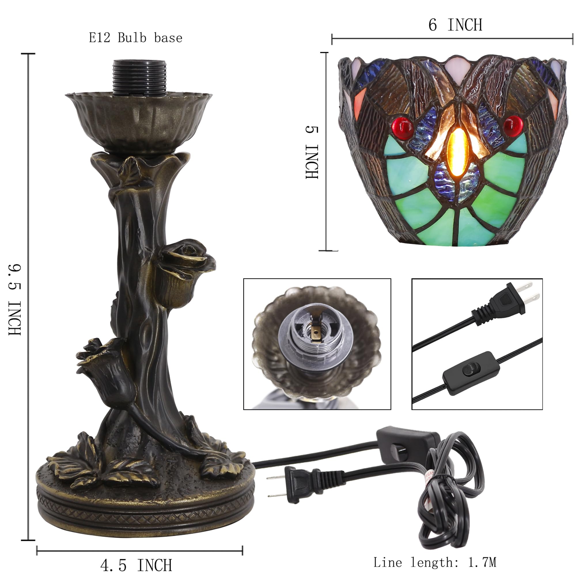 Avivadirect Small Tiffany Lamp Mini Stained Glass Table Lamp Green Liaison Accent Desk Uplight W6 H13.5 Inch Bronze Resin Base