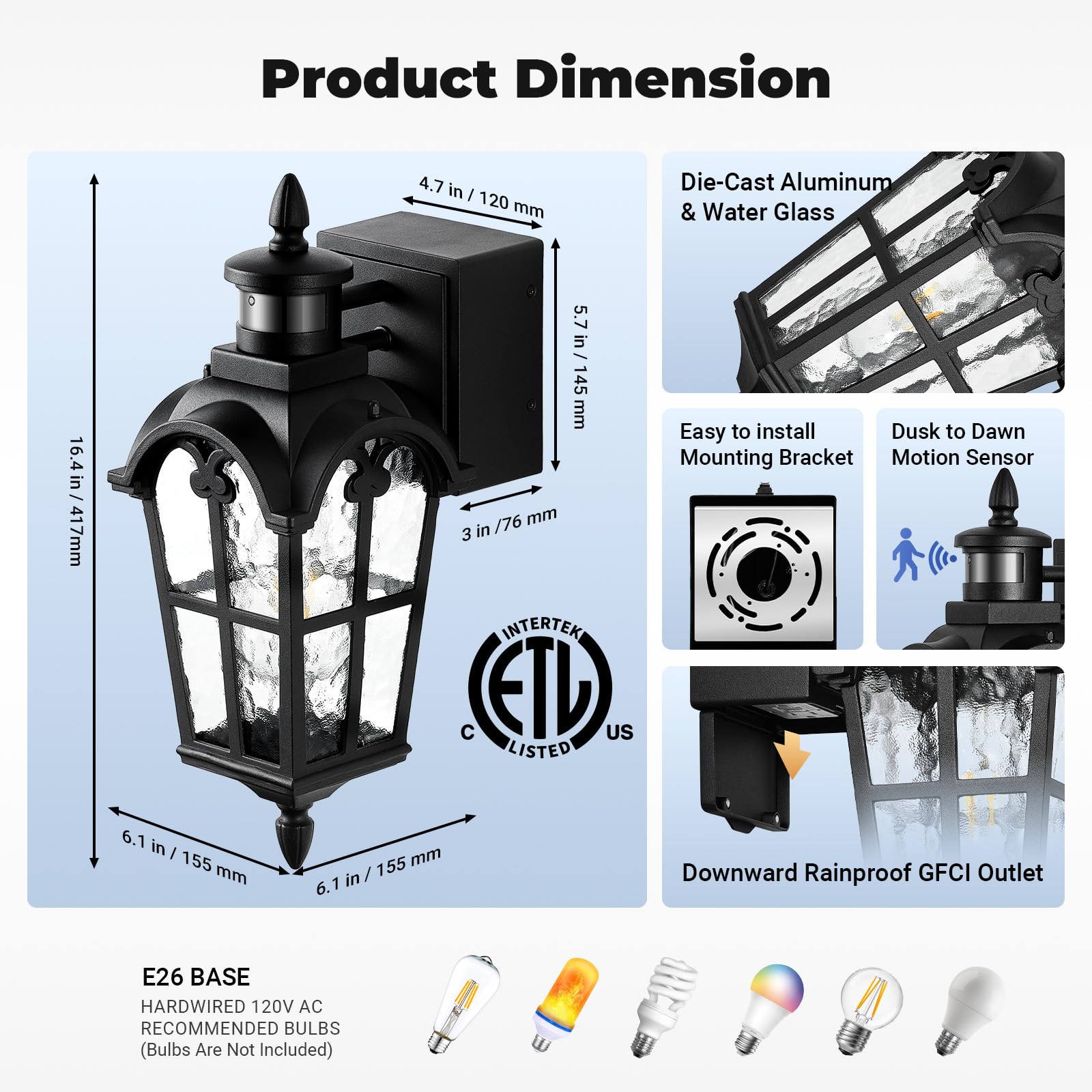 OPAXIS Motion Sensor Outdoor Light, 16.4" H, Black Aluminum, GFCI Outlet, Dusk to Dawn, Wall Mount for Garage Patio