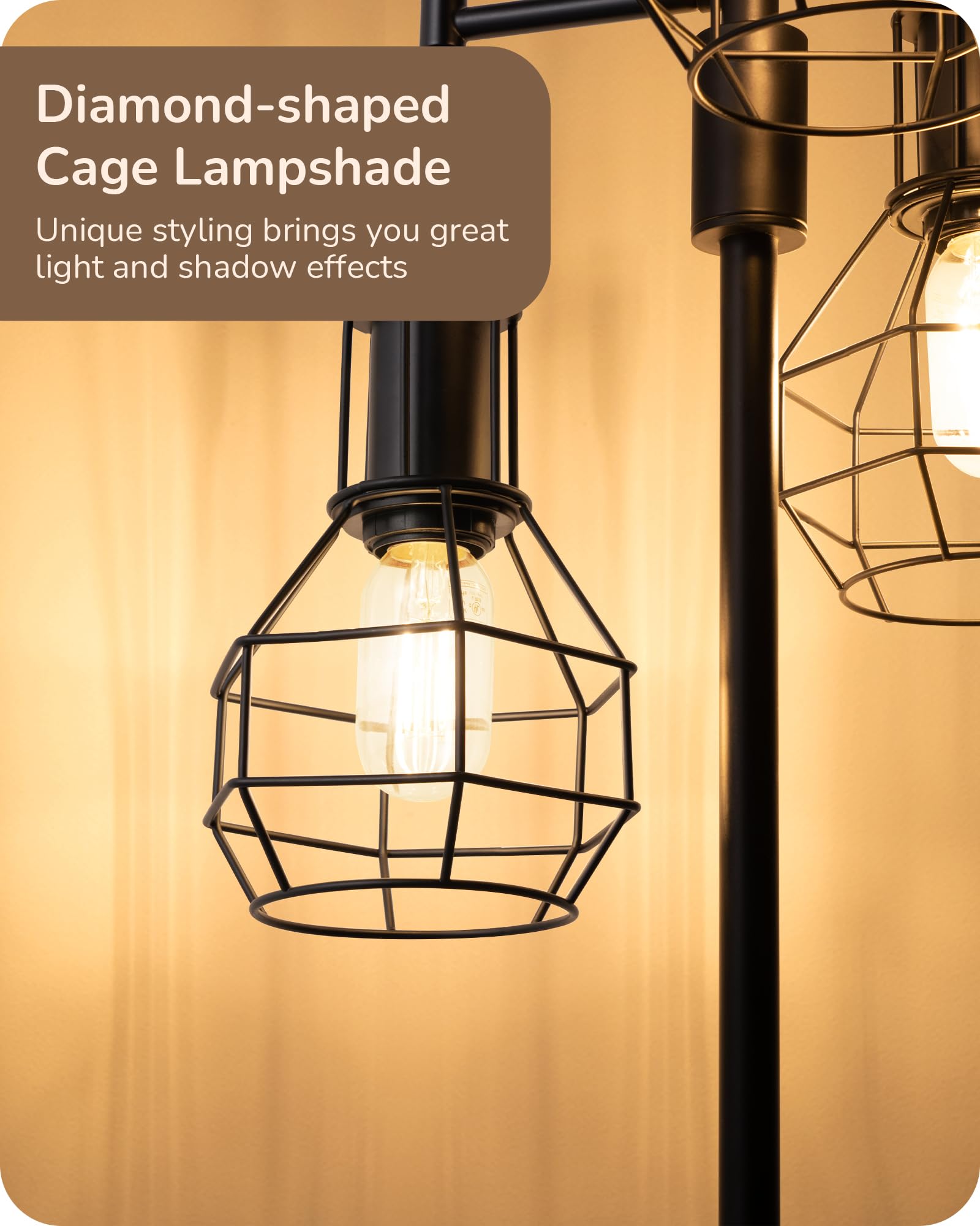 EDISHINE Dimmable Farmhouse Floor Lamp, Industrial Metal Design, Black, Model HLFL03G, 3 LED Edison Bulbs Included