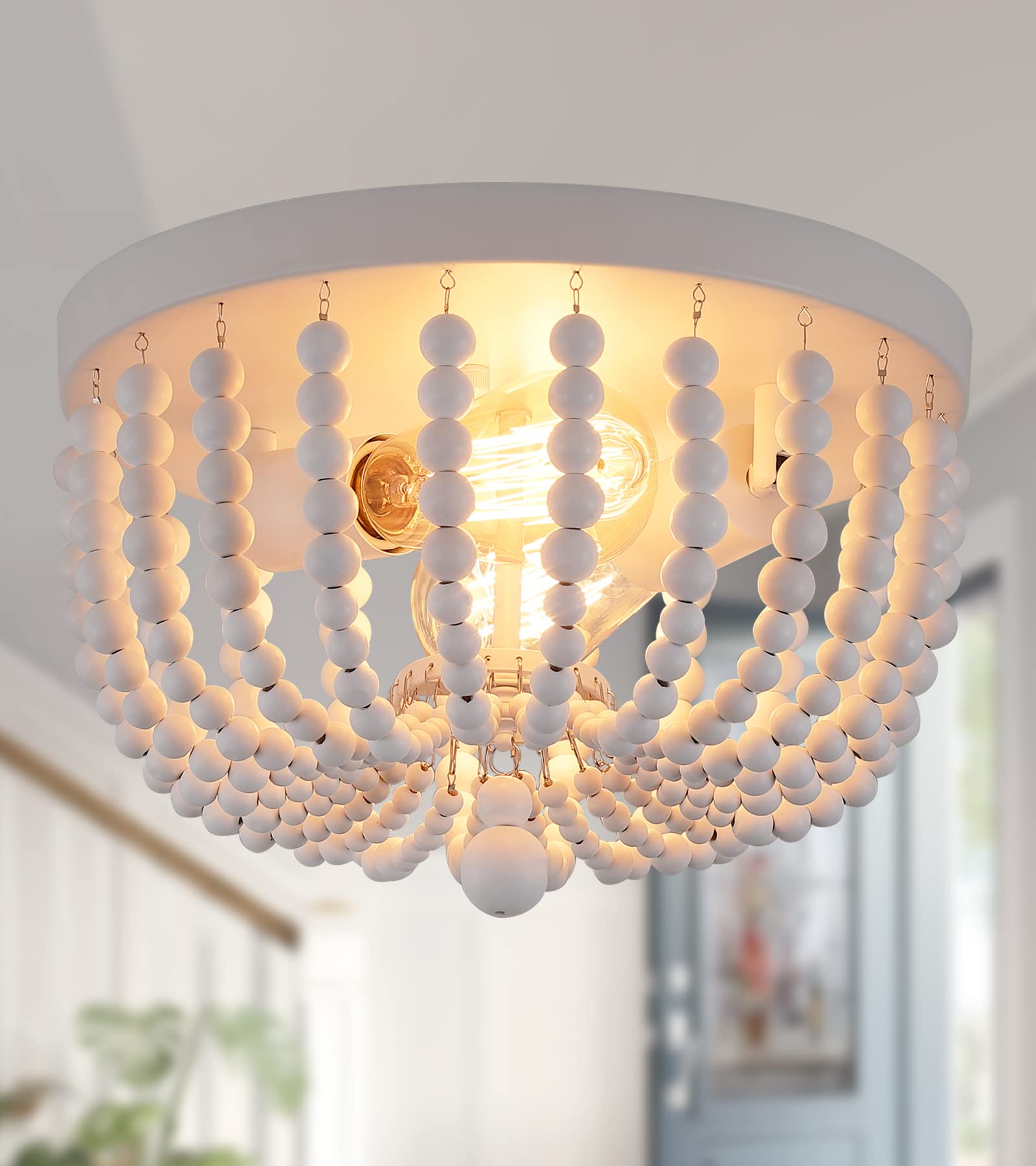 Q&S White Flush Mount Ceiling Light Fixtures,2-Lights Wood Beaded Boho Chandeliers for Nursery Baby Bedroom Dining Room Living R