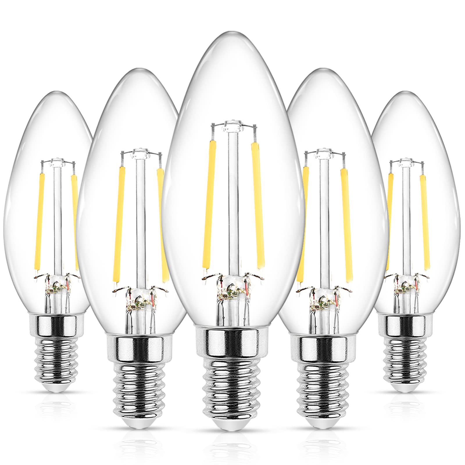Ascher E12 Led Classic Candelabra Clear Light Bulbs, Equivalent 40W, Daylight White 5000K, Filament Clear Glass, Non-Dimmable, P