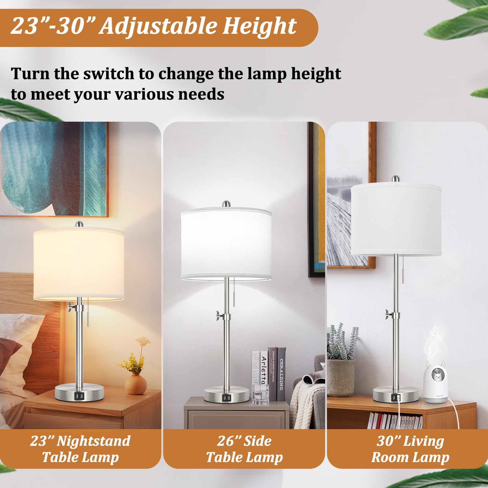 Kondras 23"-30" Adjustable Silver Table Lamp Set of 2 with USB Ports, Metal Nightstand Lamp for Bedroom & Living Room, Model T0450-ST+WH