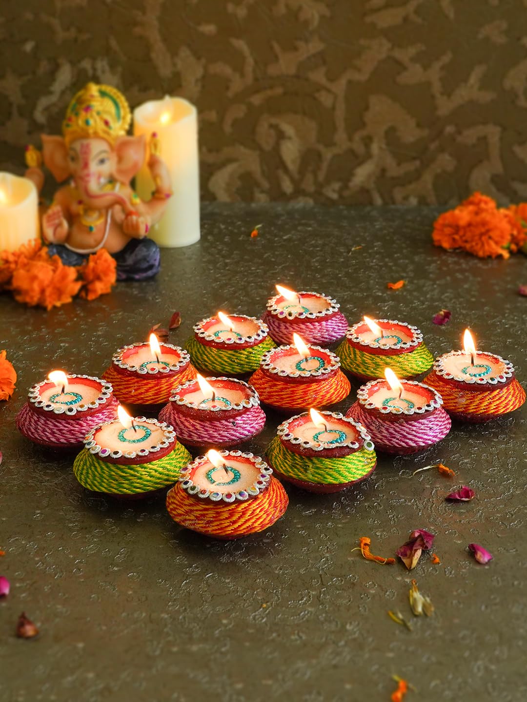 TIED RIBBONS Set of 12 Decorative Handmade Clay Wax Filled Matki Diyas Diya Deepak for Diwali Decoration Home Puja Pooja Room Of