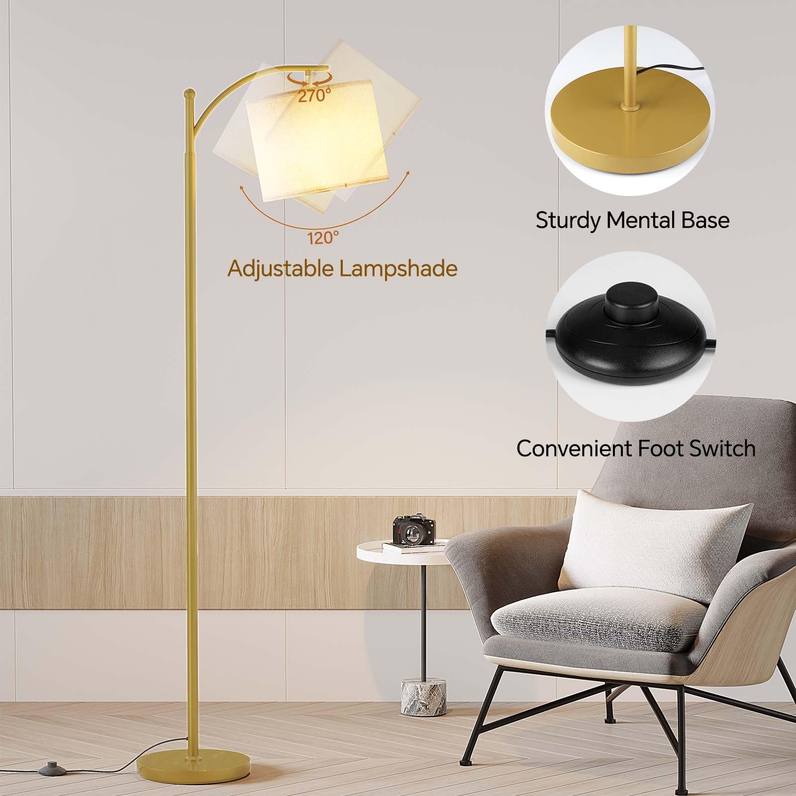 SUNMORY Arc Floor Lamp, Modern Design, 9W 3 Color Temperatures Bulb, Gold, Model MF18166A