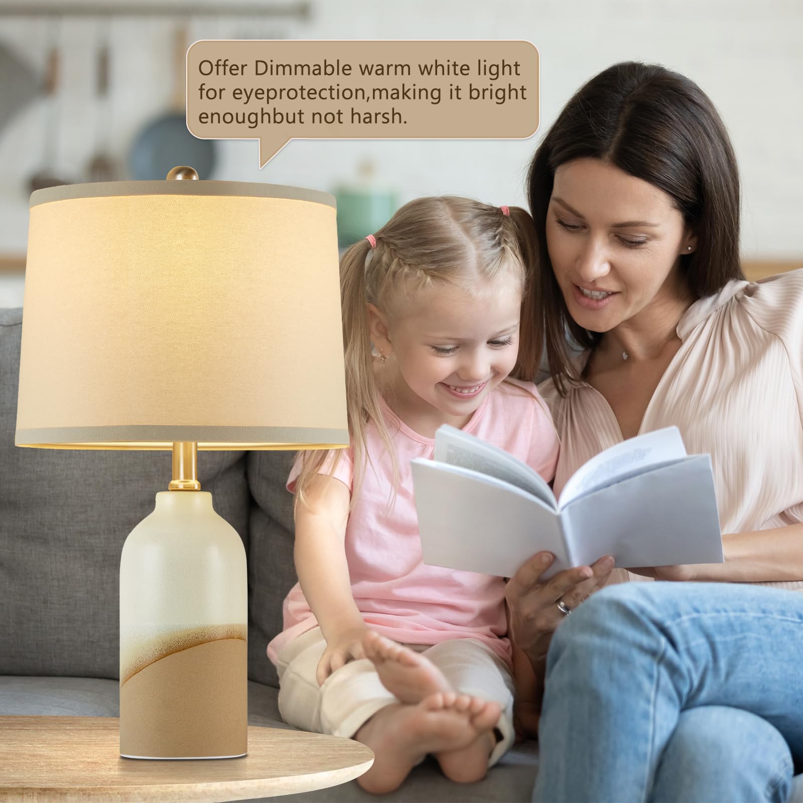 Luvkczc Ceramic Table Lamp Set Of 2, 3-Color Temperature Adjustable Bedside Lamps With Line Lampshade, Nightstand Lamps For Bedr