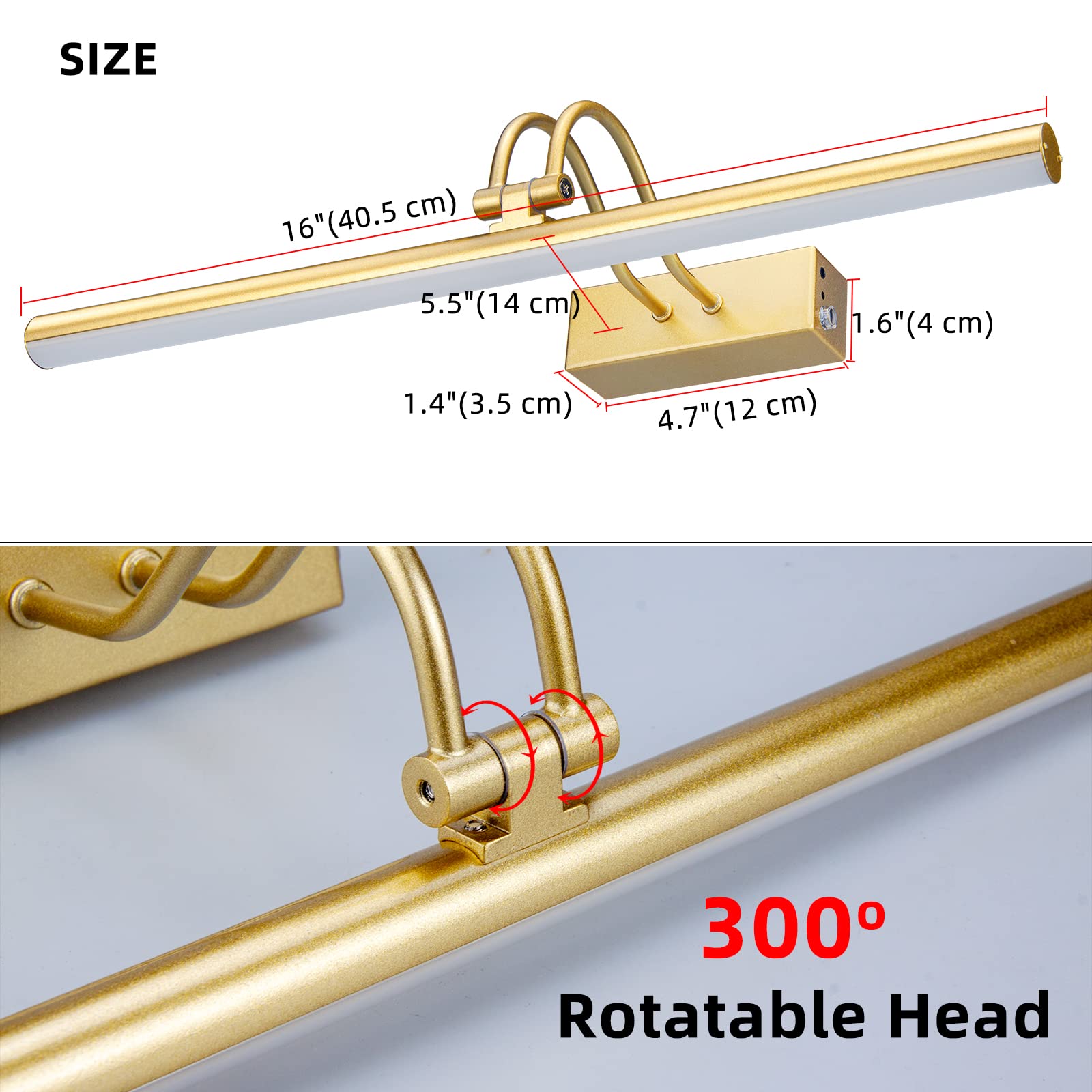 RAIFOOLLY Picture Light, 16in Battery Operated Art Light, Metal Remote Control, Dimmable, Timer, Gold, Model RF00123-GD