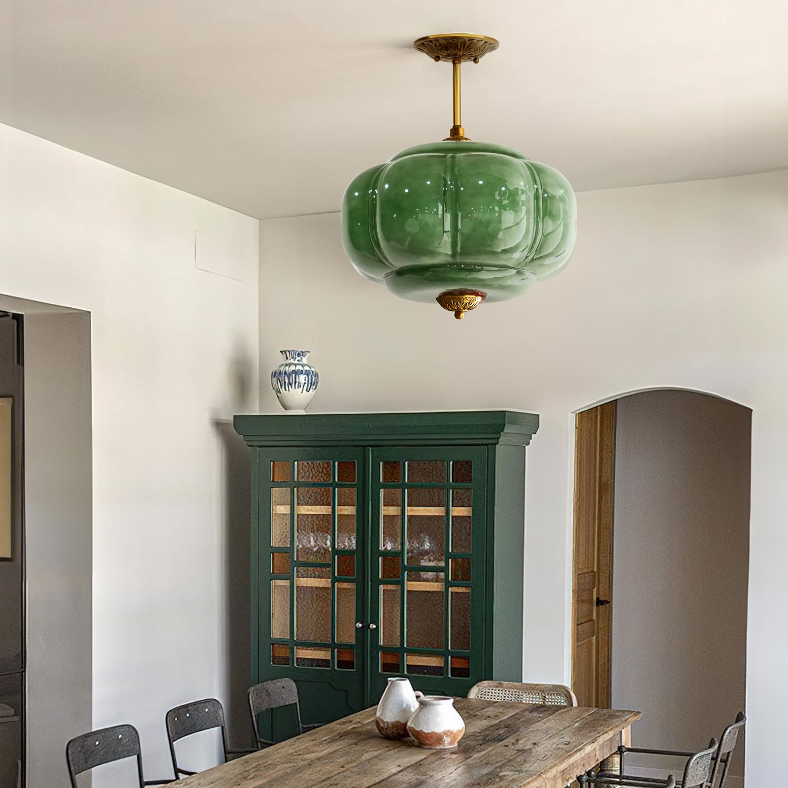 CKENSU Milk Glass Ceiling Light Fixture, Antique Brass Semi Flush Mount, 15 inch, Green, Model RXZER1110