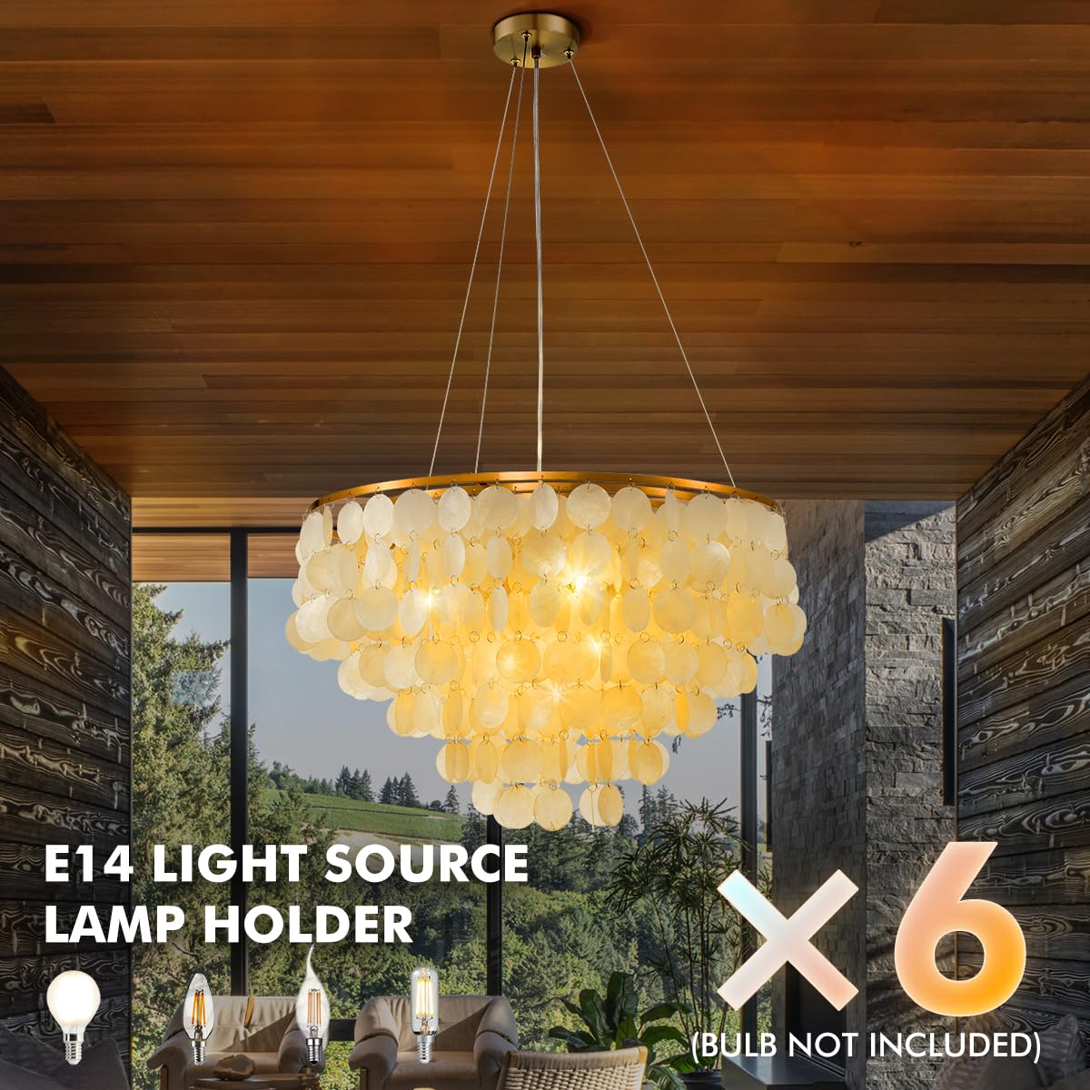 A Million 4-Light Capiz Shell Chandelier, 24" Brush Gold Pendant for Living Room/Office, Model 2300118001