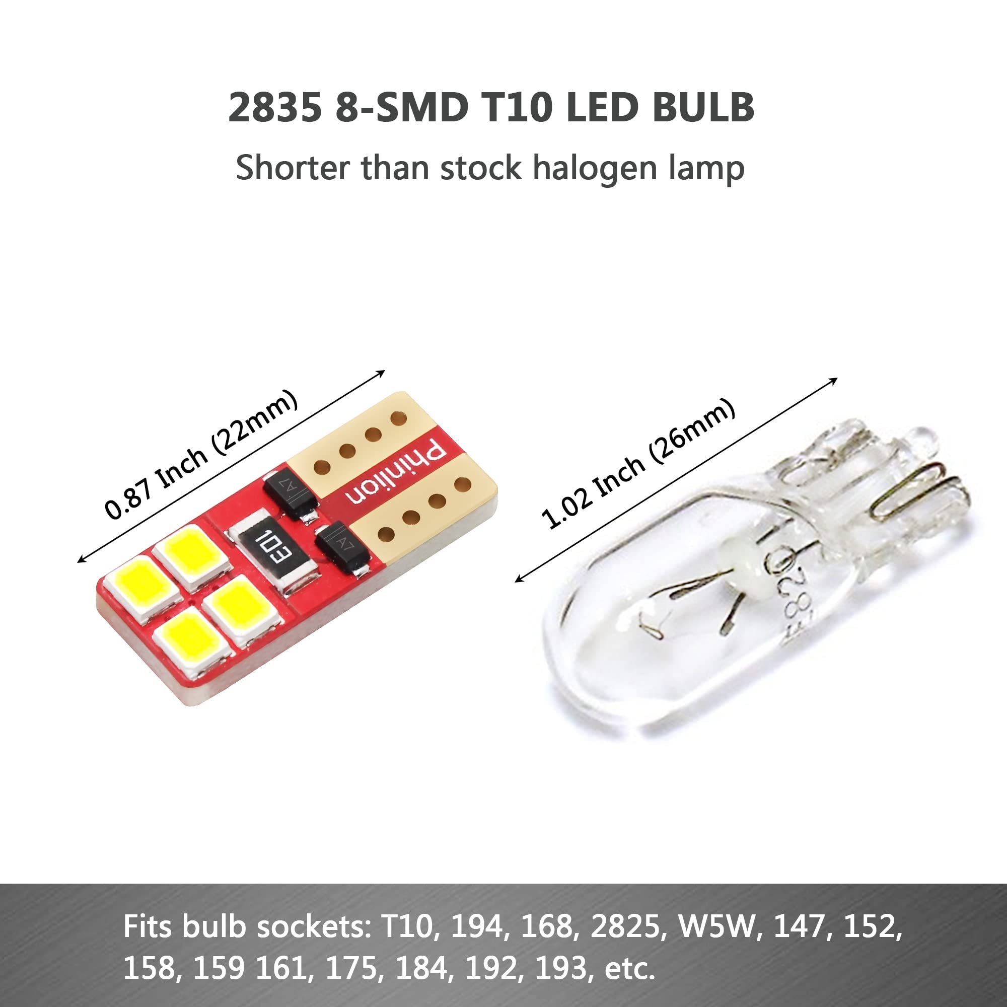 PHINLION LED Light Bulb T10-2835-8SMD-W, 6000K White, Super Bright Replacement Bulbs for Car Interior, Pack of 10