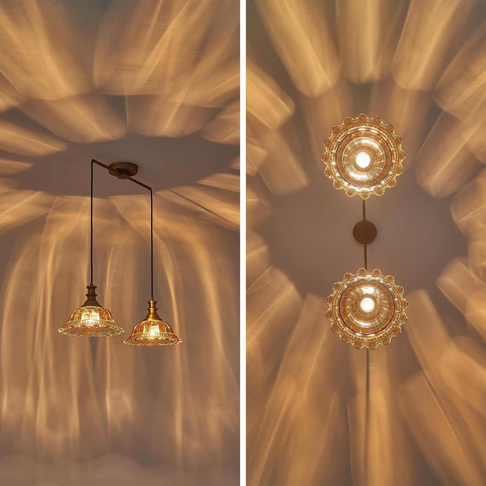 HDDFL Vintage 2 Light Pendant Light Fixture, Amber & Brass, Metal, Adjustable Cord for Kitchen Island & Dining Room, Model SS87M-2CC