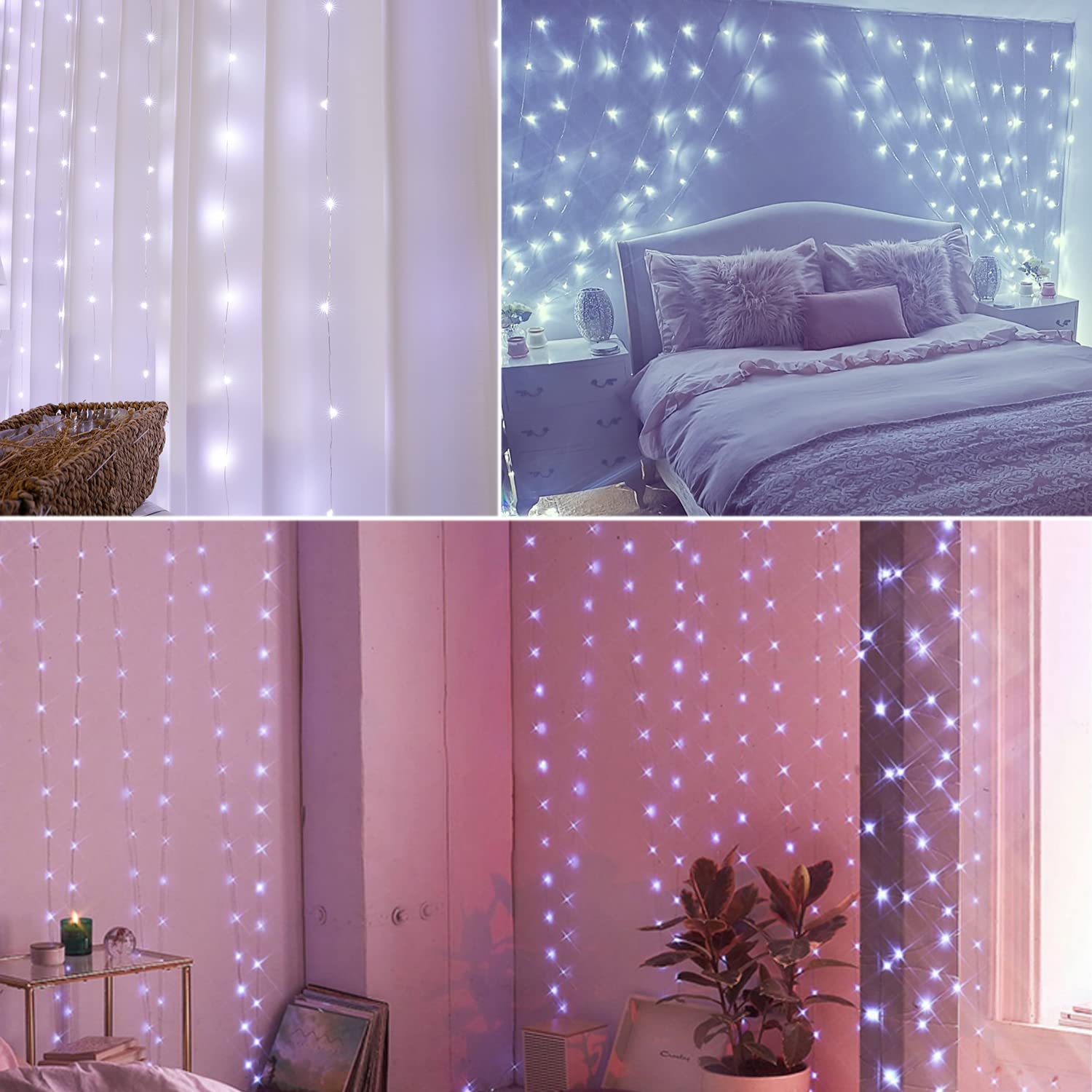 YEOLEH String Lights Curtain USB or Battery Powered,Bedroom Fairy Curtain Lights for Wedding Wall Bedroom Halloween Christmas De