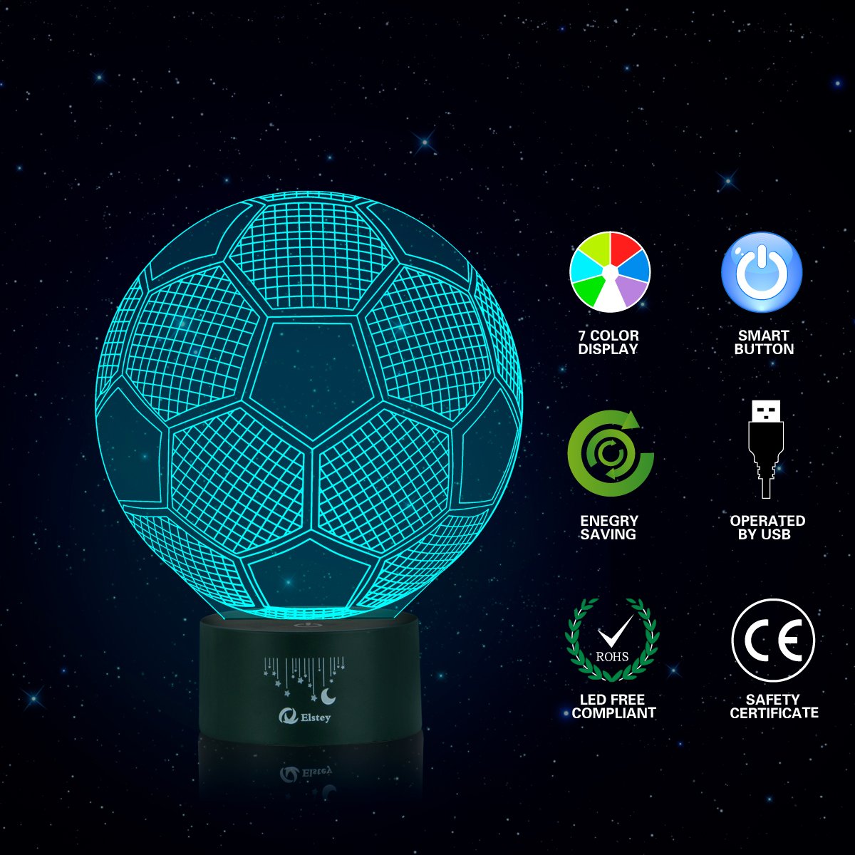 Elstey 3D Soccer LED Night Light, 7 Color Changing, Acrylic & ABS, USB Charger, Model 1CFVW331