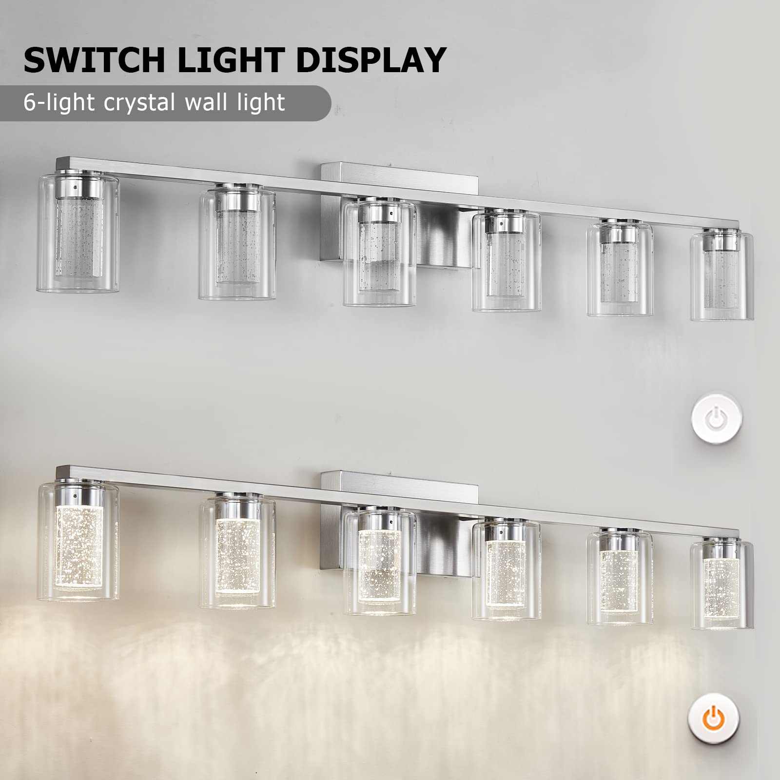 SADENICEL 6-Light LED Vanity Light Fixtures, Brushed Nickel, Metal, Model YC-B90-042-20-SB, for Bathroom, Bedroom, Living Room