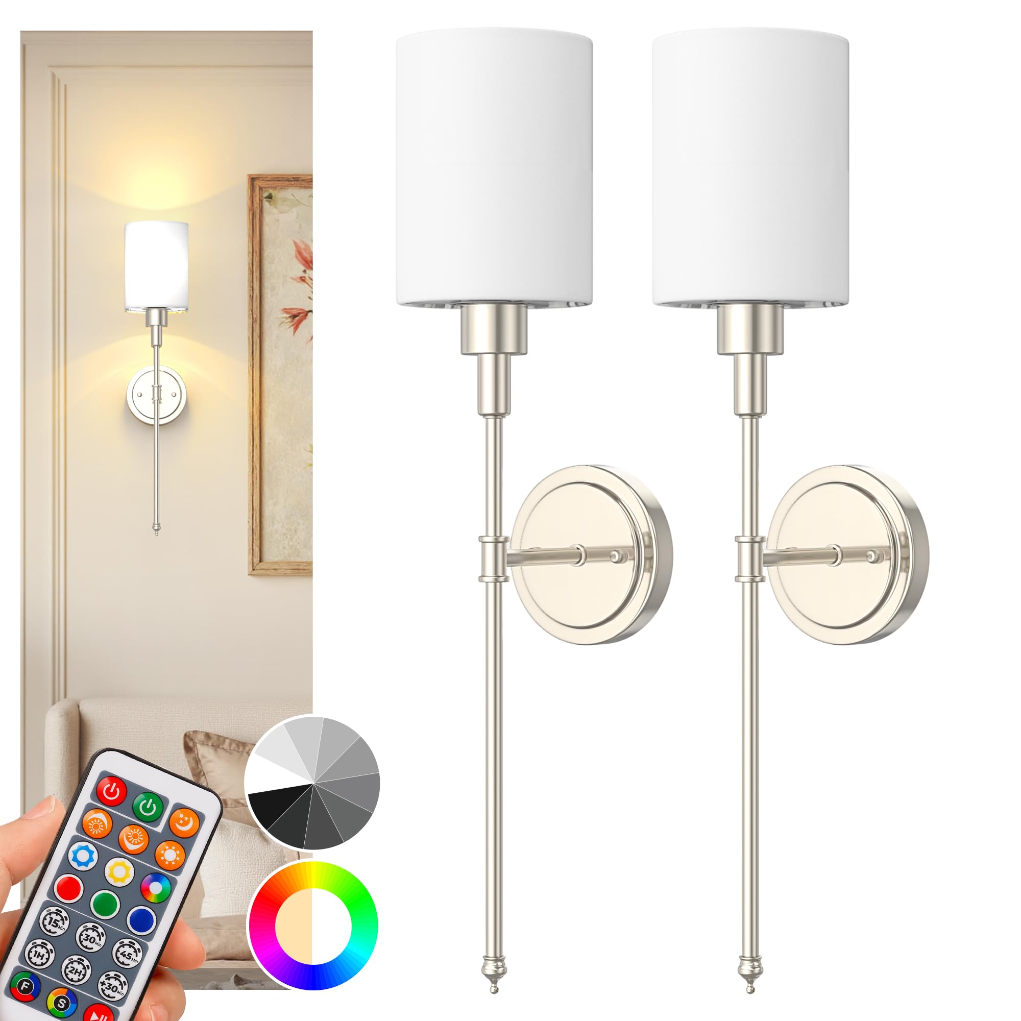 DORESshop Battery Operated Wall Sconce Set of 2, Wireless, 24.3in Nickel Metal Decor, Model SF20250912B0DXZQY71F