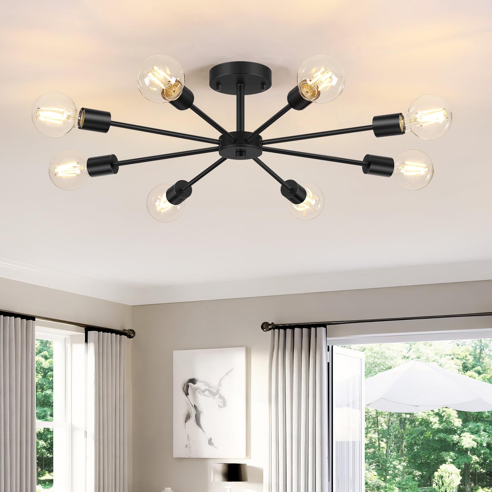 Lomoky 8-Lights Semi Flush Mount Ceiling Light, Matte Black, Metal, Modern Design