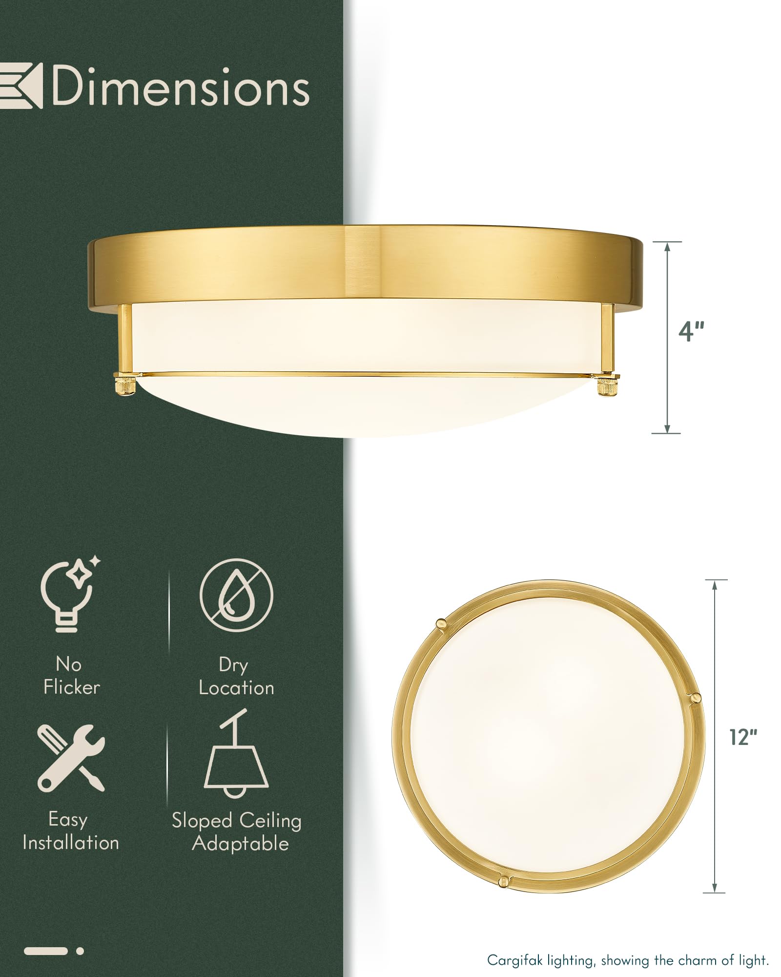 Cargifak 12 Inch Flush Mount Light Fixture, 2-Light Polished Gold Ceiling Light for Hallway, Kitchen, Bedroom - Model CKCL4822-2W-PG